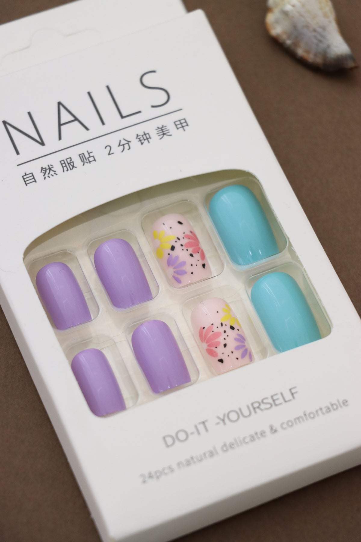 Playful Multicolor Press-On Nails in Lavender, Teal, and Floral Pink Design - 24pcs Set