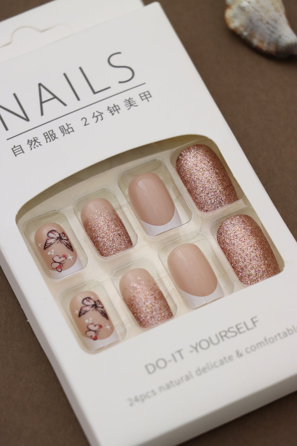 Rose Gold Glitter and Butterfly Design – 24pcs Press-On Nail Set for an Elegant Touch