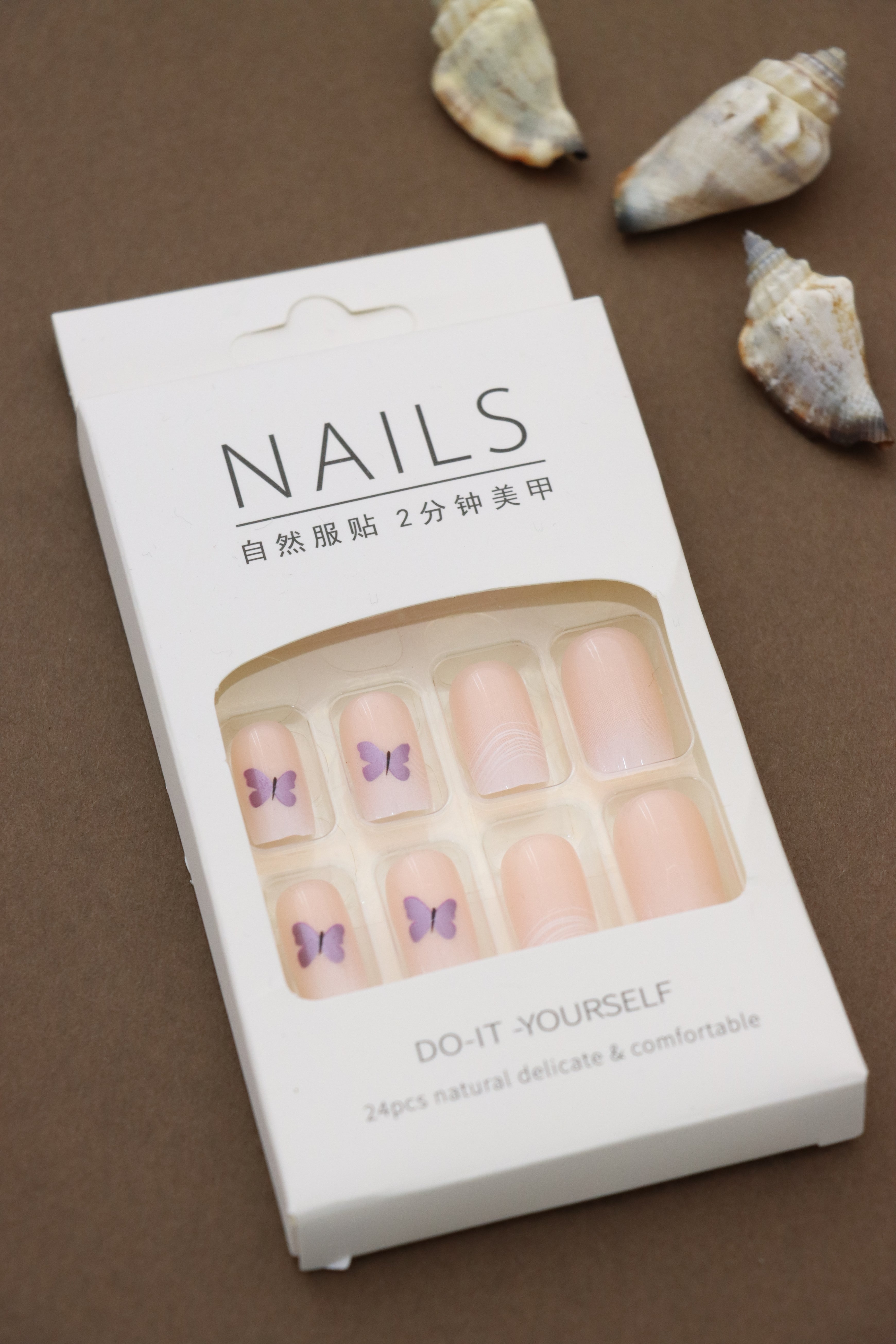Soft Pink Press-On Nails with Purple Butterfly Accents – Whimsical Elegance