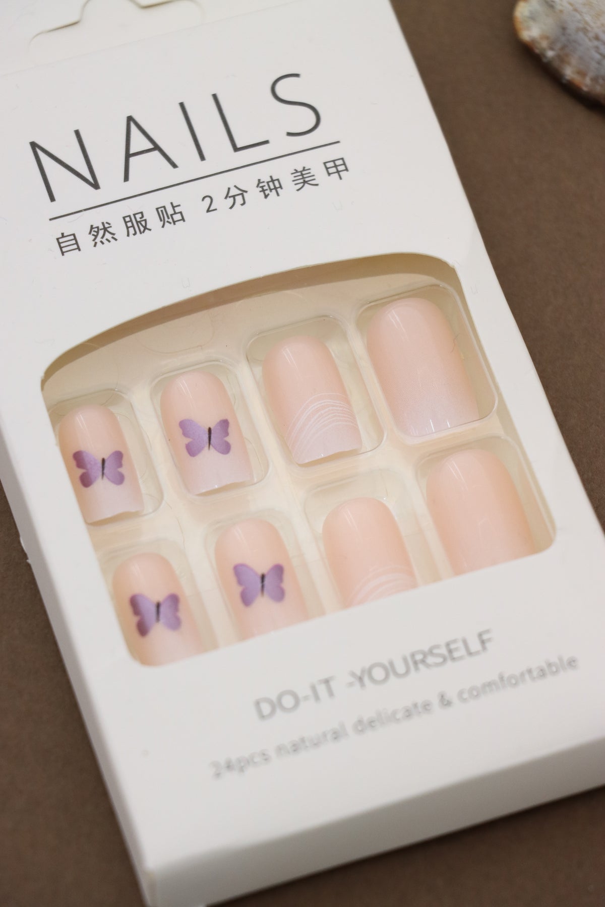 Soft Pink Press-On Nails with Purple Butterfly Accents – Whimsical Elegance