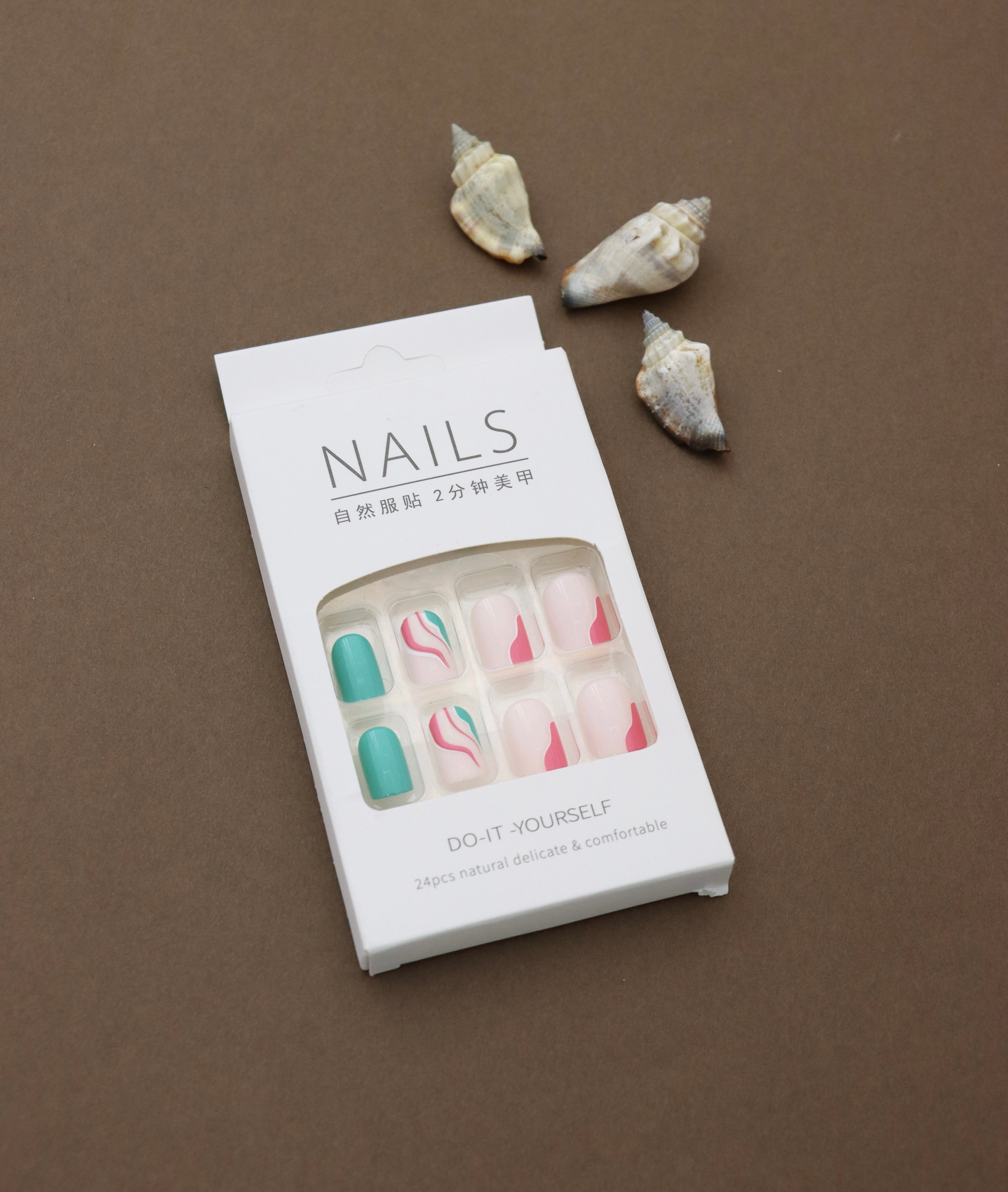 Vibrant Teal and Nude Press-On Nails with Pink and White Wave Accent Design - 24pcs Set