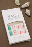 Vibrant Teal and Nude Press-On Nails with Pink and White Wave Accent Design - 24pcs Set