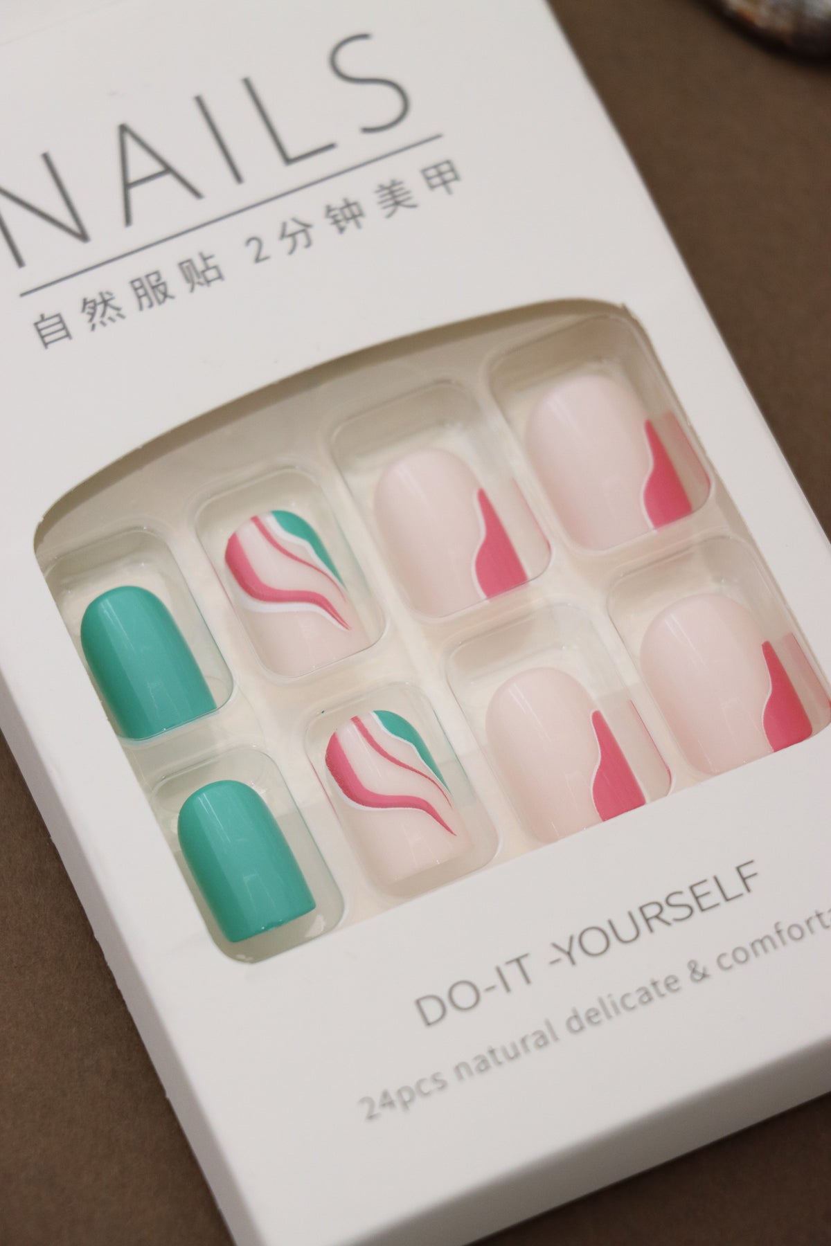 Vibrant Teal and Nude Press-On Nails with Pink and White Wave Accent Design - 24pcs Set