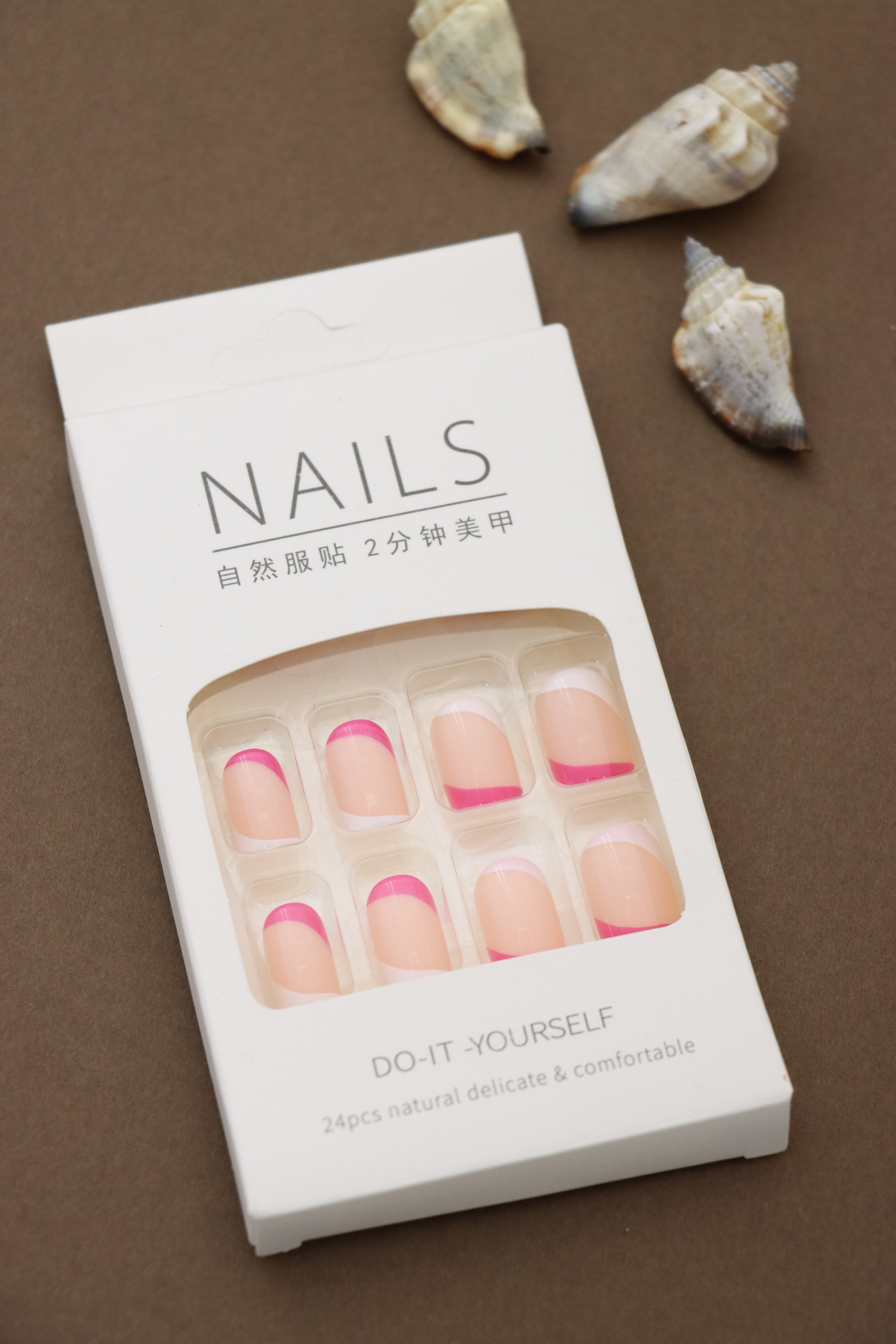 Pink French Tip Press-On Nails - Classic Elegance in 24pcs DIY Nail Kit