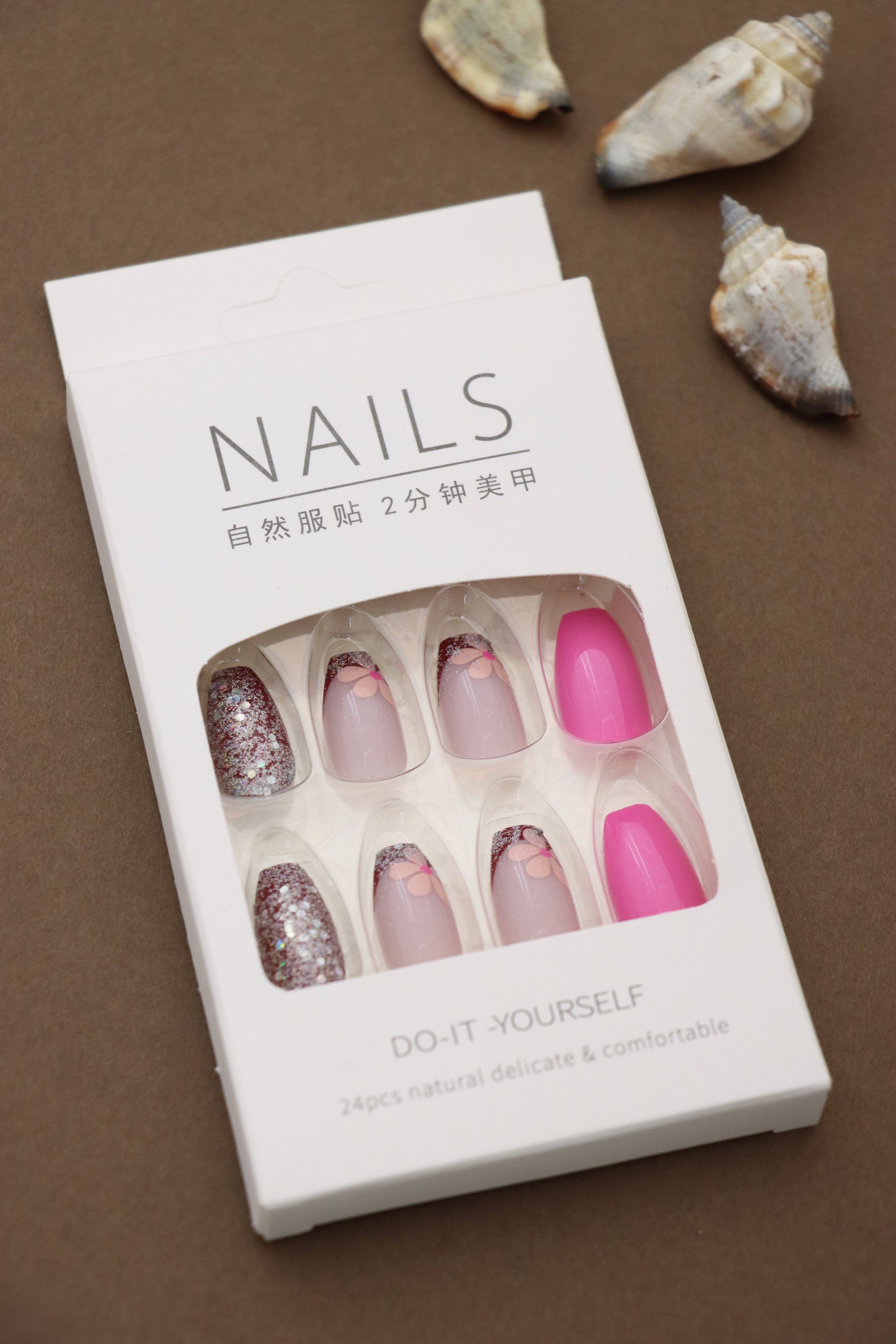 Pink Blossom Glitter Press-On Nails - 24pcs Floral Design with Glitter Accents