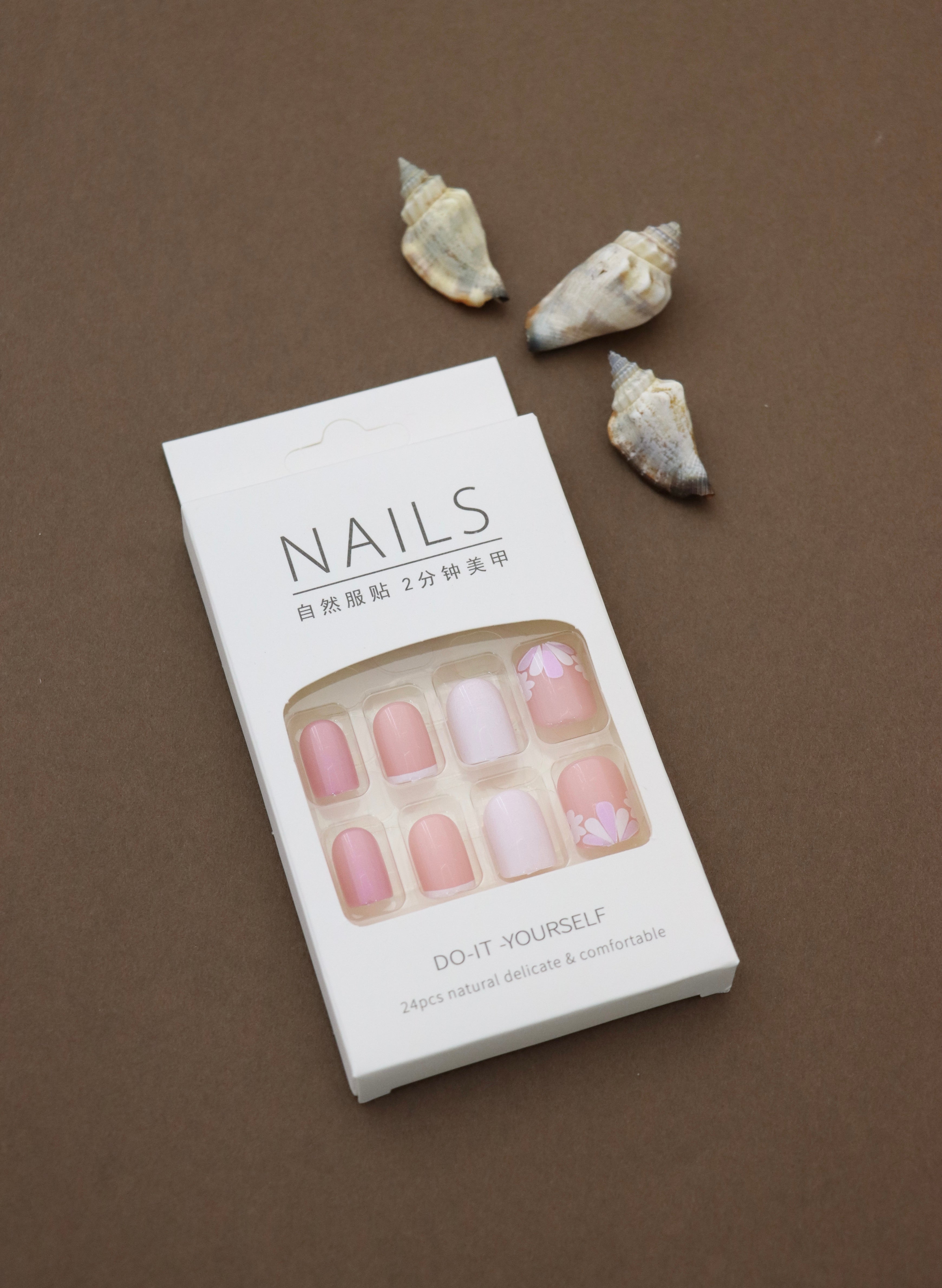 Delicate Pink Floral Press-On Nails - 24pcs Set with Soft Pastel Tones and Charming Floral Accents for a Feminine and Elegant Look.