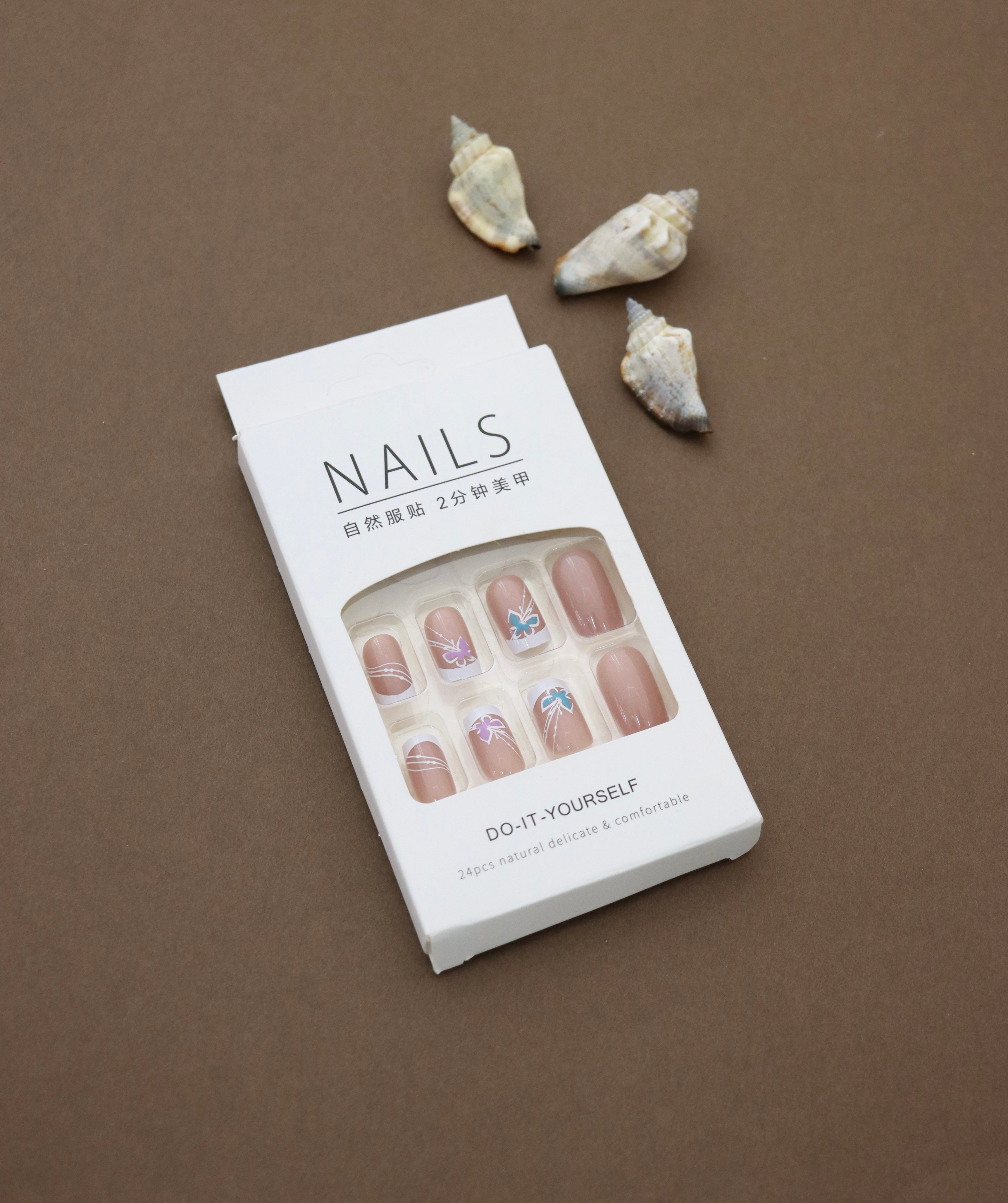 Elegant Nude with Butterfly Accent – Press-On Nail Set, 24pcs DIY Manicure