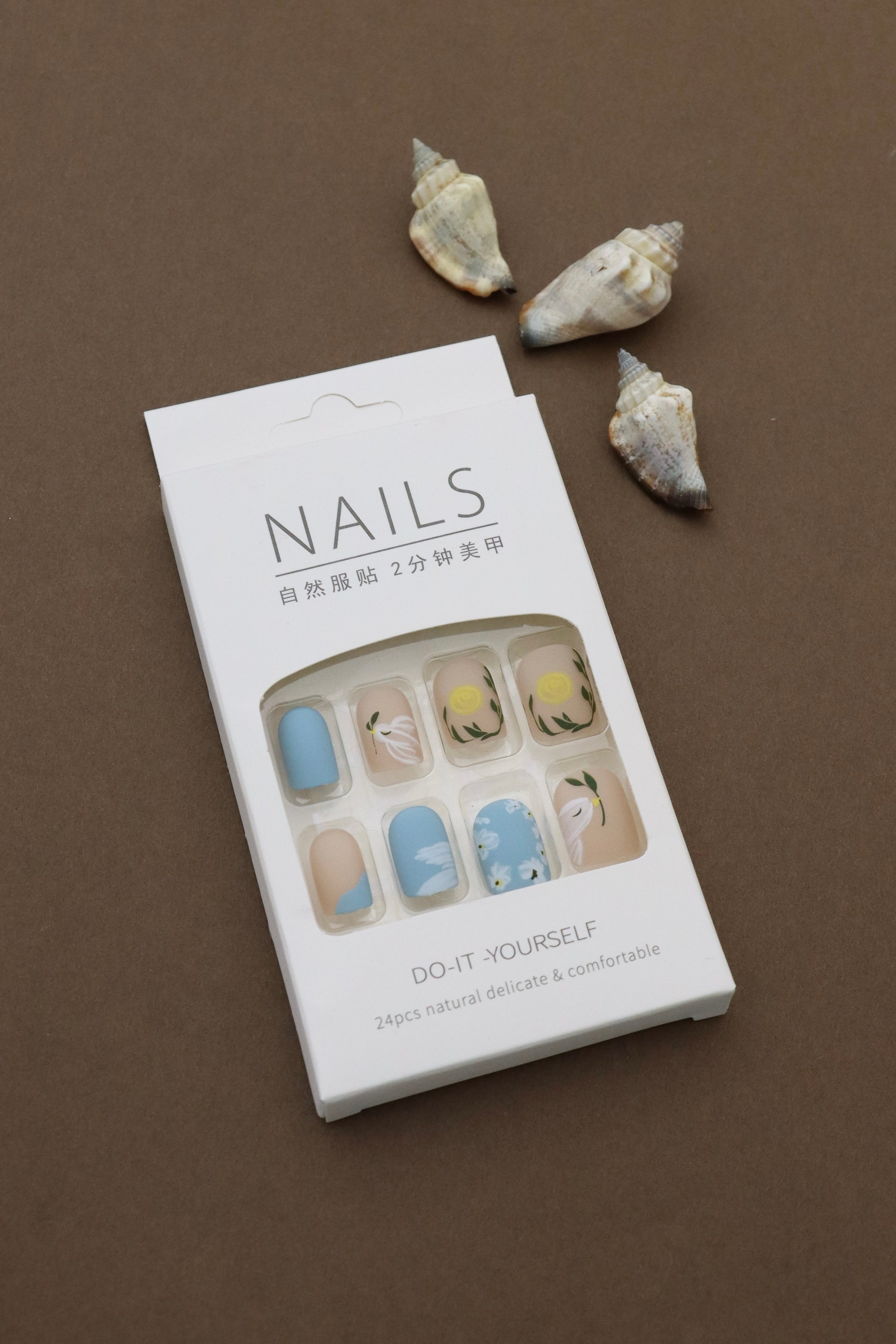 Matte Blue and Beige Press-On Nails with Hand-Painted Floral Art – Fresh and Vibrant Look