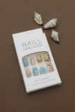 Matte Blue and Beige Press-On Nails with Hand-Painted Floral Art – Fresh and Vibrant Look