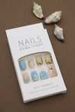 Matte Blue and Beige Press-On Nails with Hand-Painted Floral Art – Fresh and Vibrant Look