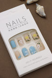 Matte Blue and Beige Press-On Nails with Hand-Painted Floral Art – Fresh and Vibrant Look