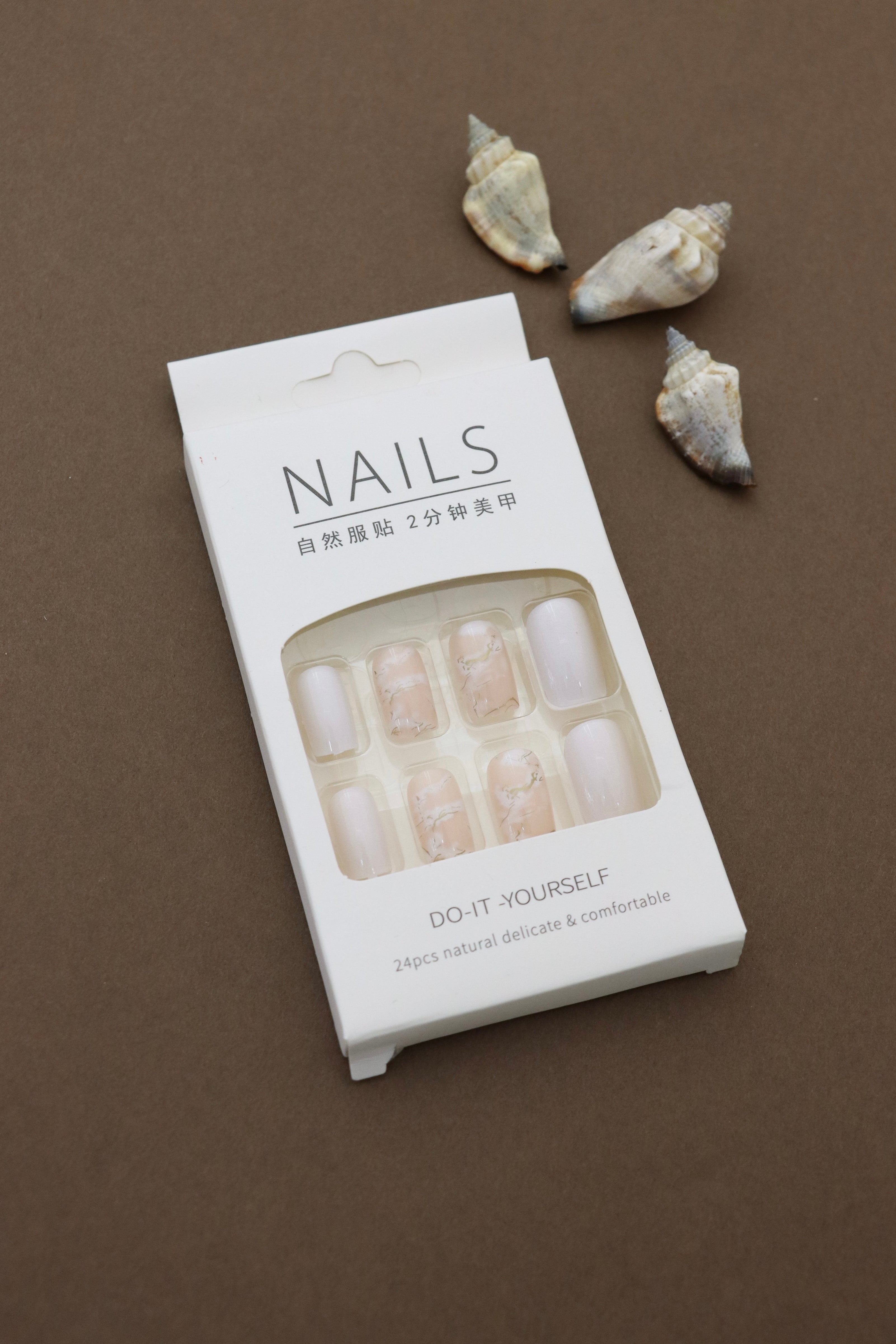 Neutral Marble and White Press-On Nails - Chic Minimalist DIY Nail Kit (24pcs)