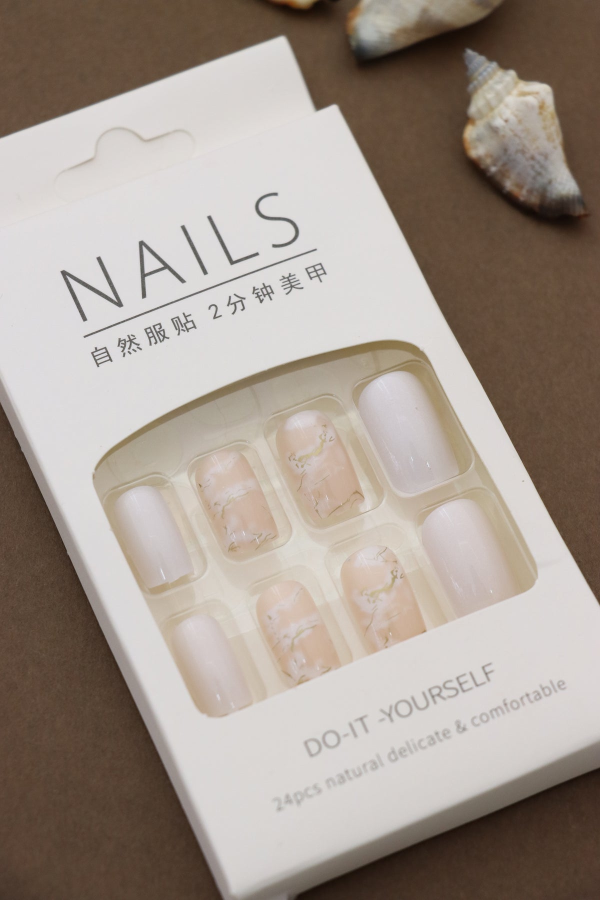 Neutral Marble and White Press-On Nails - Chic Minimalist DIY Nail Kit (24pcs)