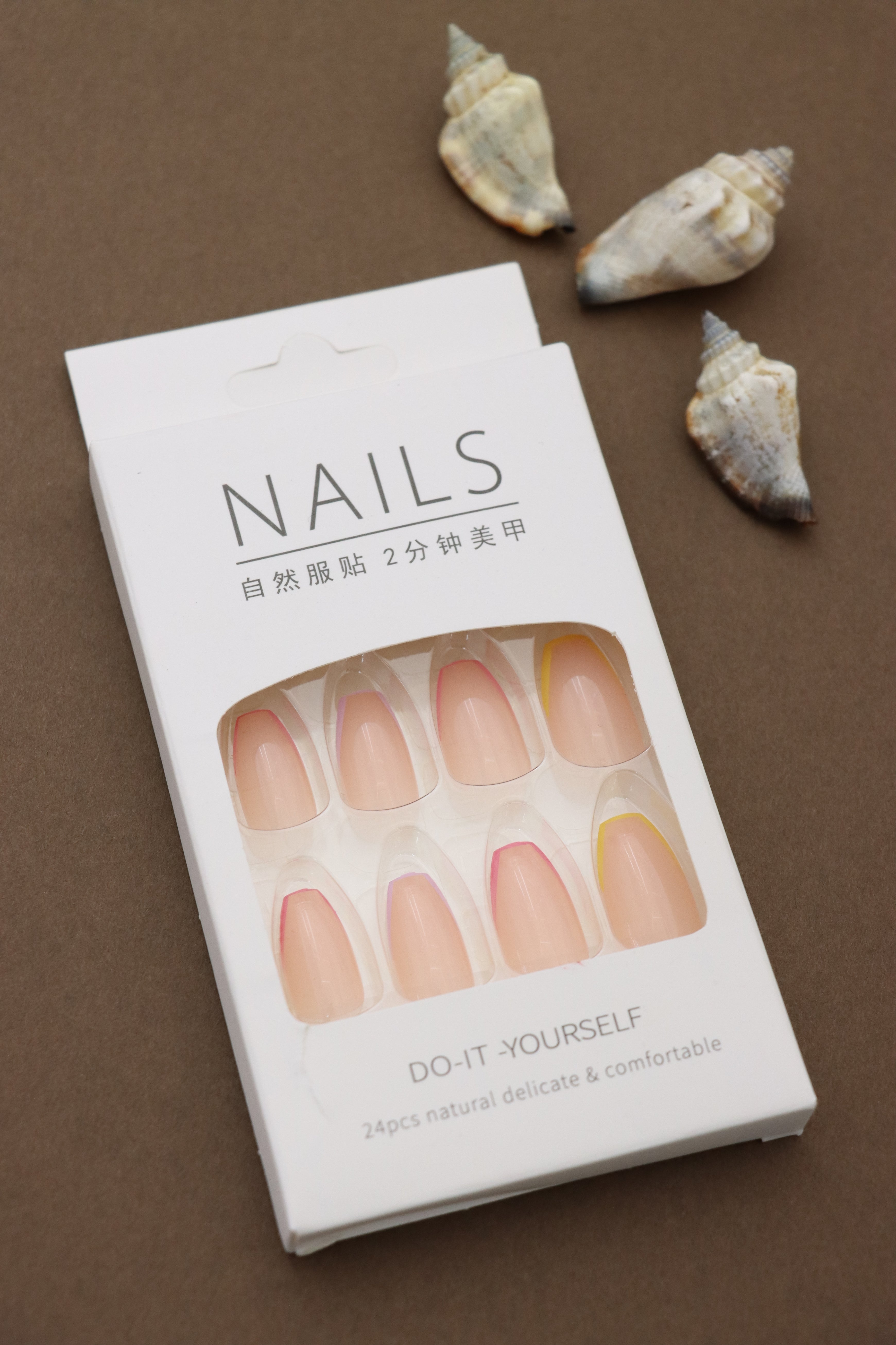 Subtle Neon Edge Press-On Nails - 24pcs Minimalist Nude with Vibrant Accents