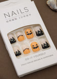 Halloween-Themed Orange and Black Press-On Nails with Pumpkin and Haunted House Design - 24pcs Set