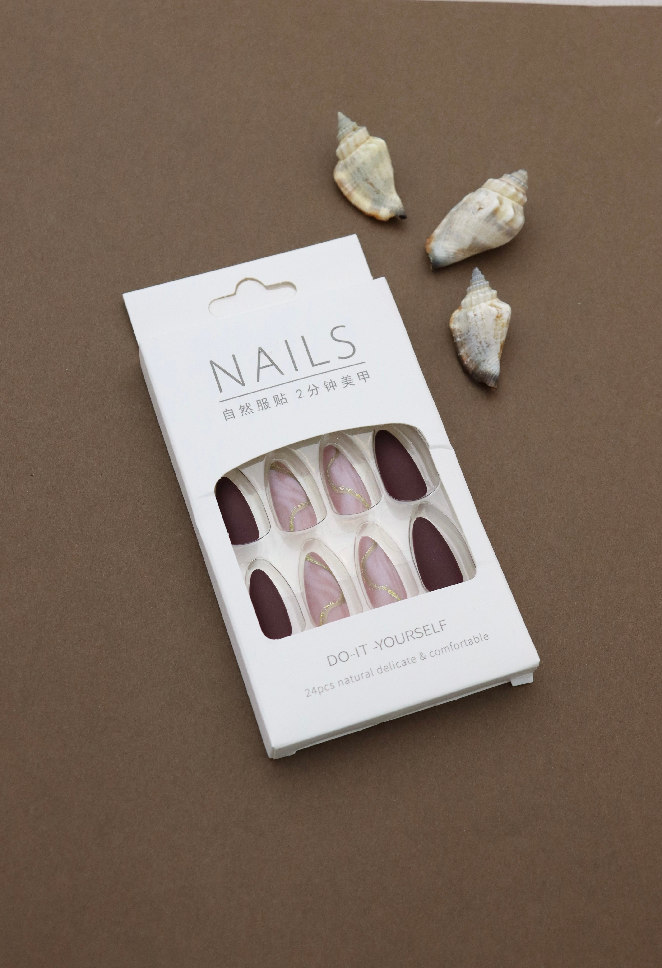 Mauve and Pink Marble Press-On Nails – Elegant Gold Accent Design, 24pcs DIY Set