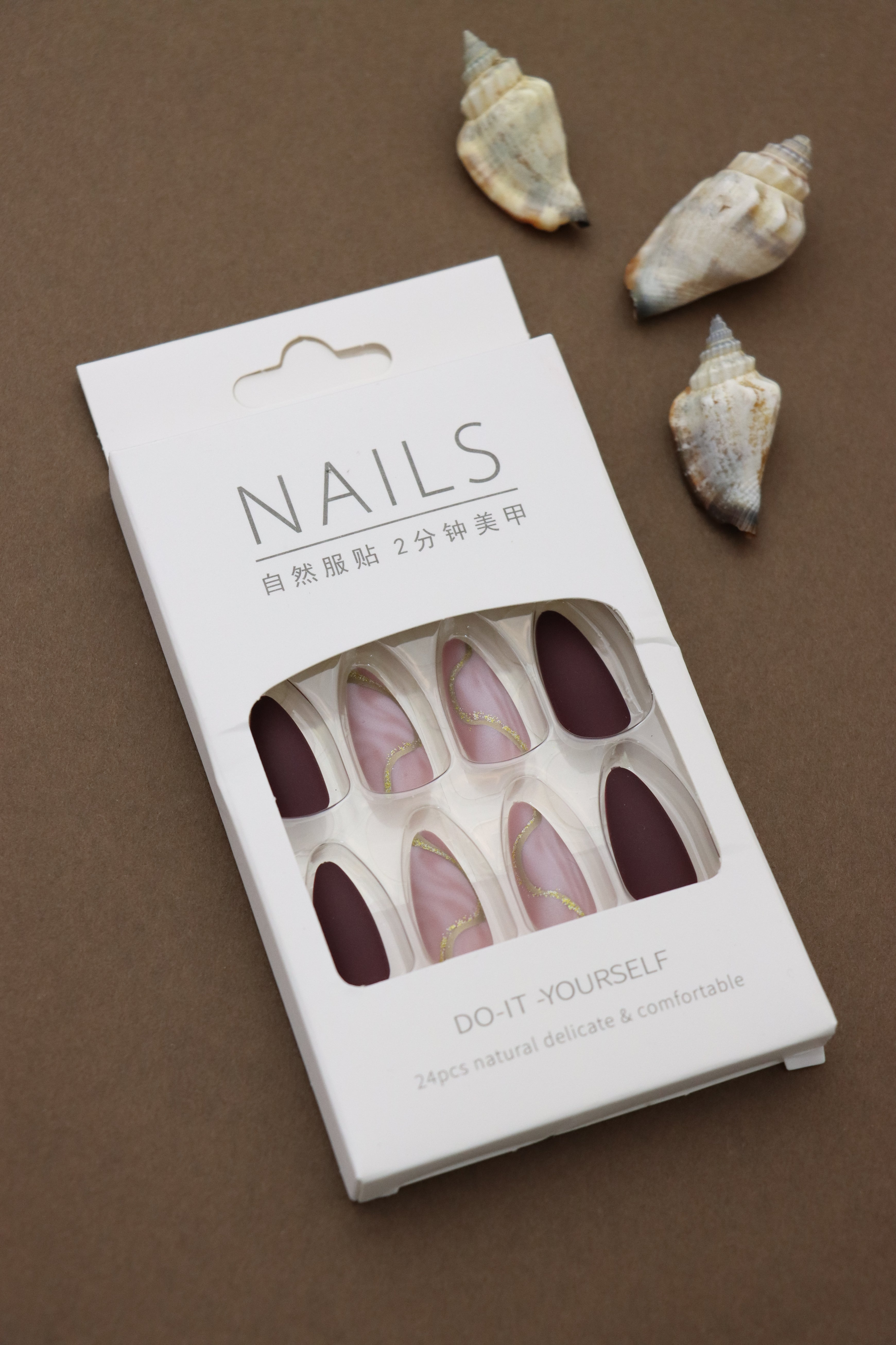 Mauve and Pink Marble Press-On Nails – Elegant Gold Accent Design, 24pcs DIY Set