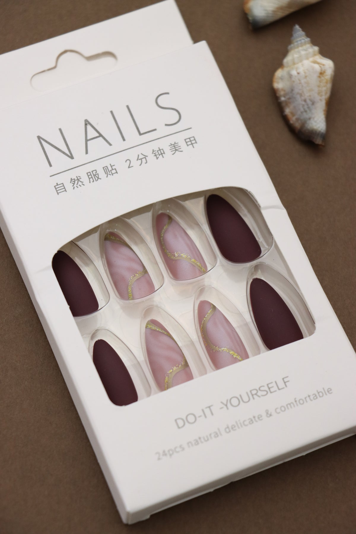 Mauve and Pink Marble Press-On Nails – Elegant Gold Accent Design, 24pcs DIY Set