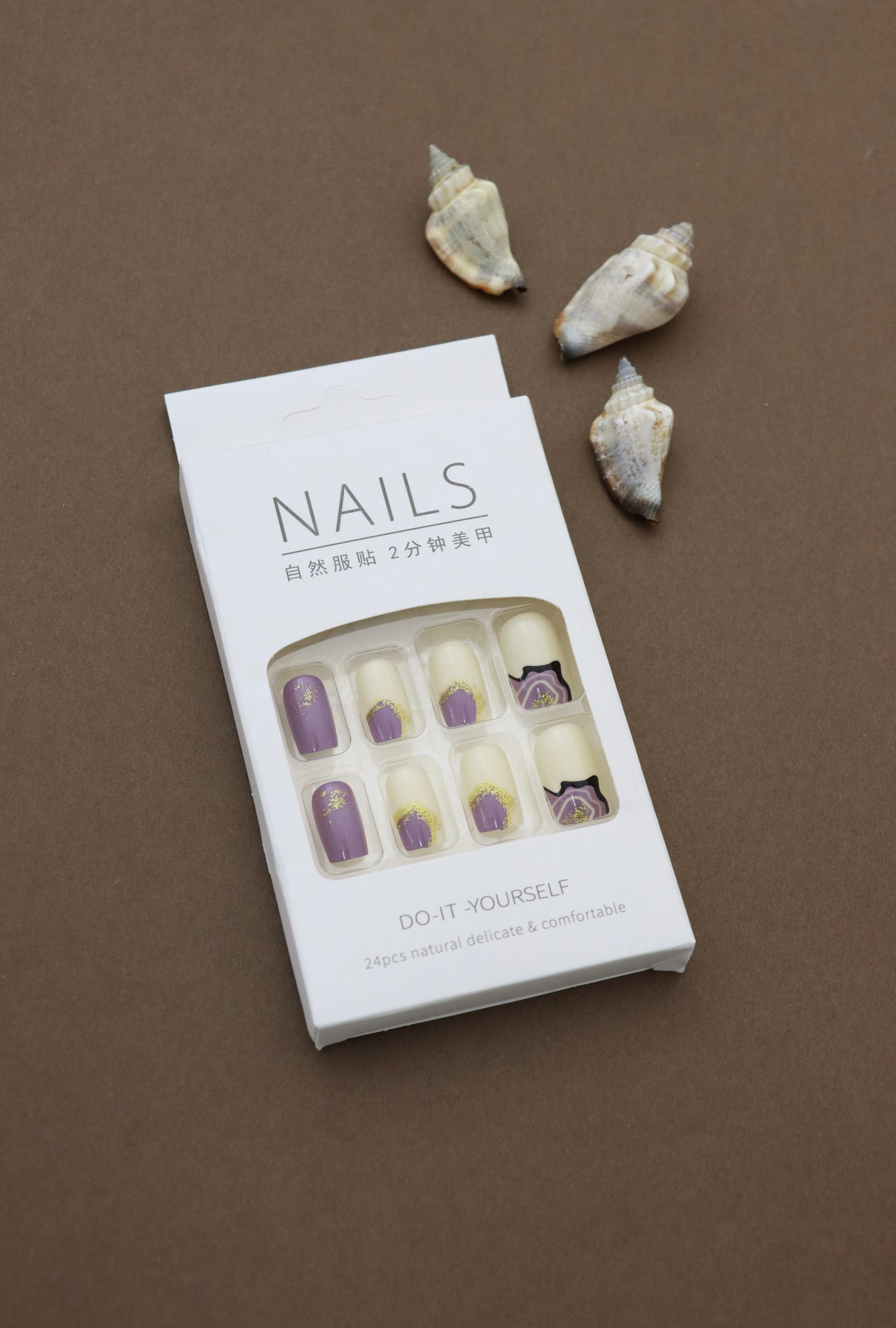 Purple and Cream Press-On Nails with Gold Glitter Accents - 24pcs Elegant Marble Design Set