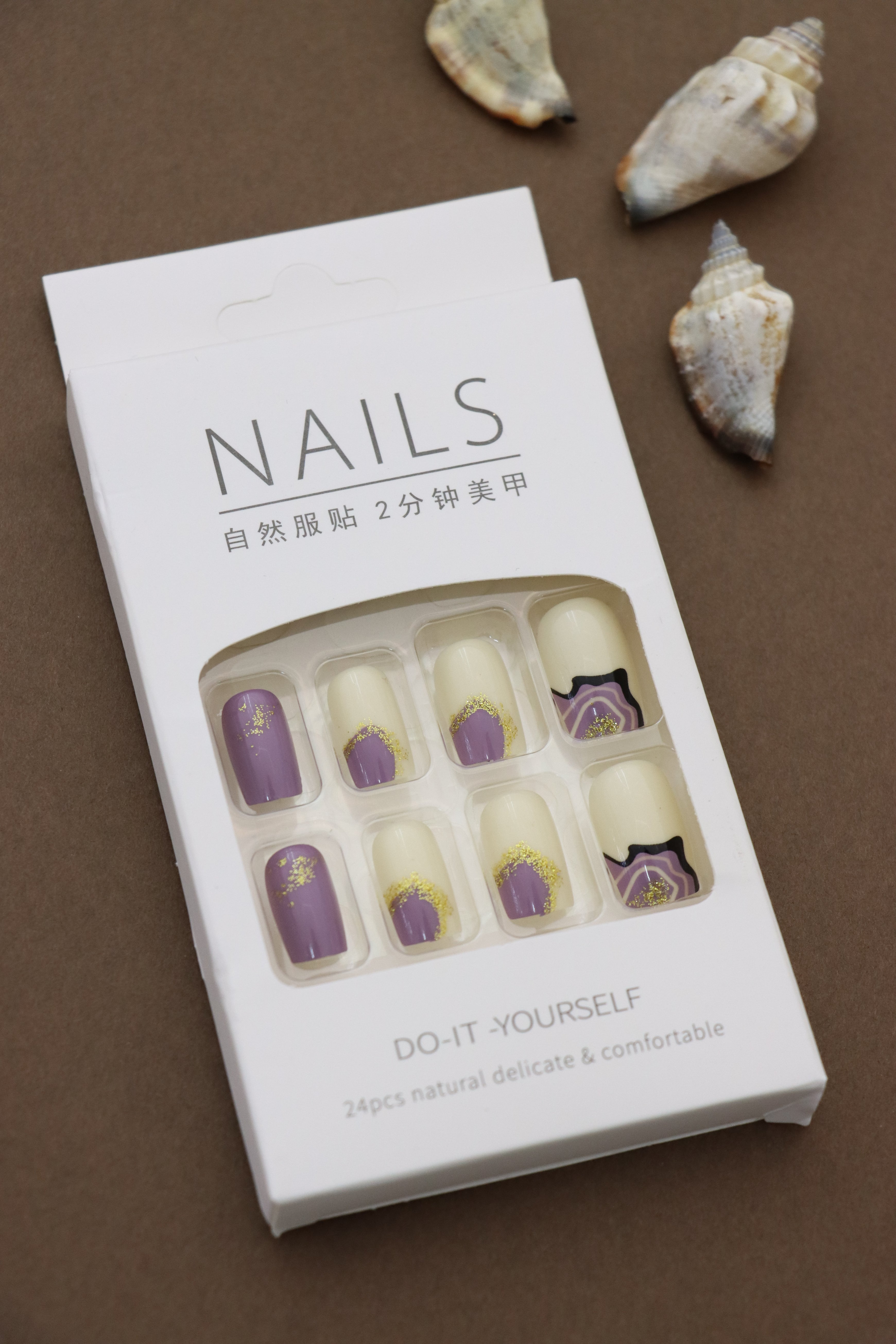 Purple and Cream Press-On Nails with Gold Glitter Accents - 24pcs Elegant Marble Design Set