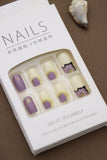Purple and Cream Press-On Nails with Gold Glitter Accents - 24pcs Elegant Marble Design Set