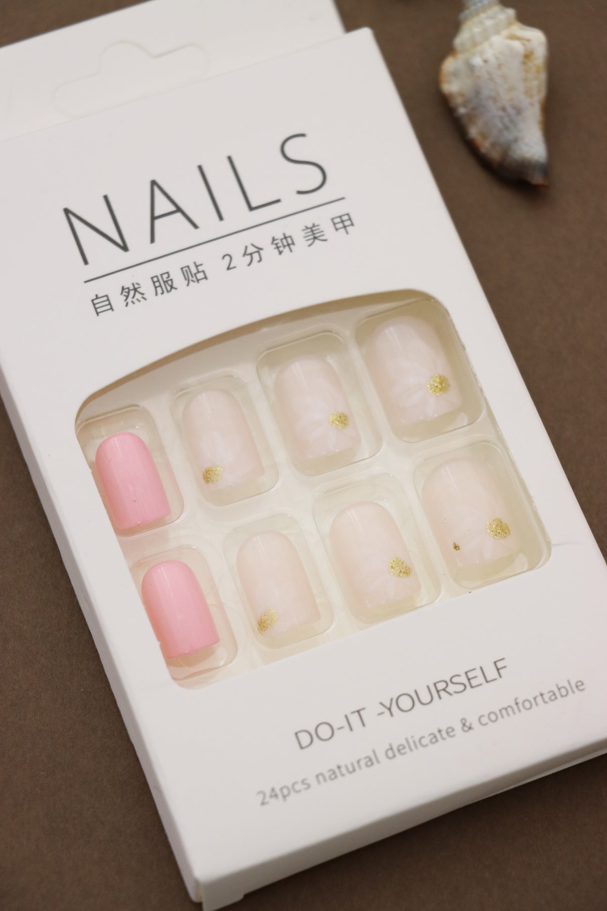 Blush Pink & White Marble Press-On Nails – Gold Accent Detail, 24pcs DIY Nail Set