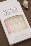Blush Pink & White Marble Press-On Nails – Gold Accent Detail, 24pcs DIY Nail Set