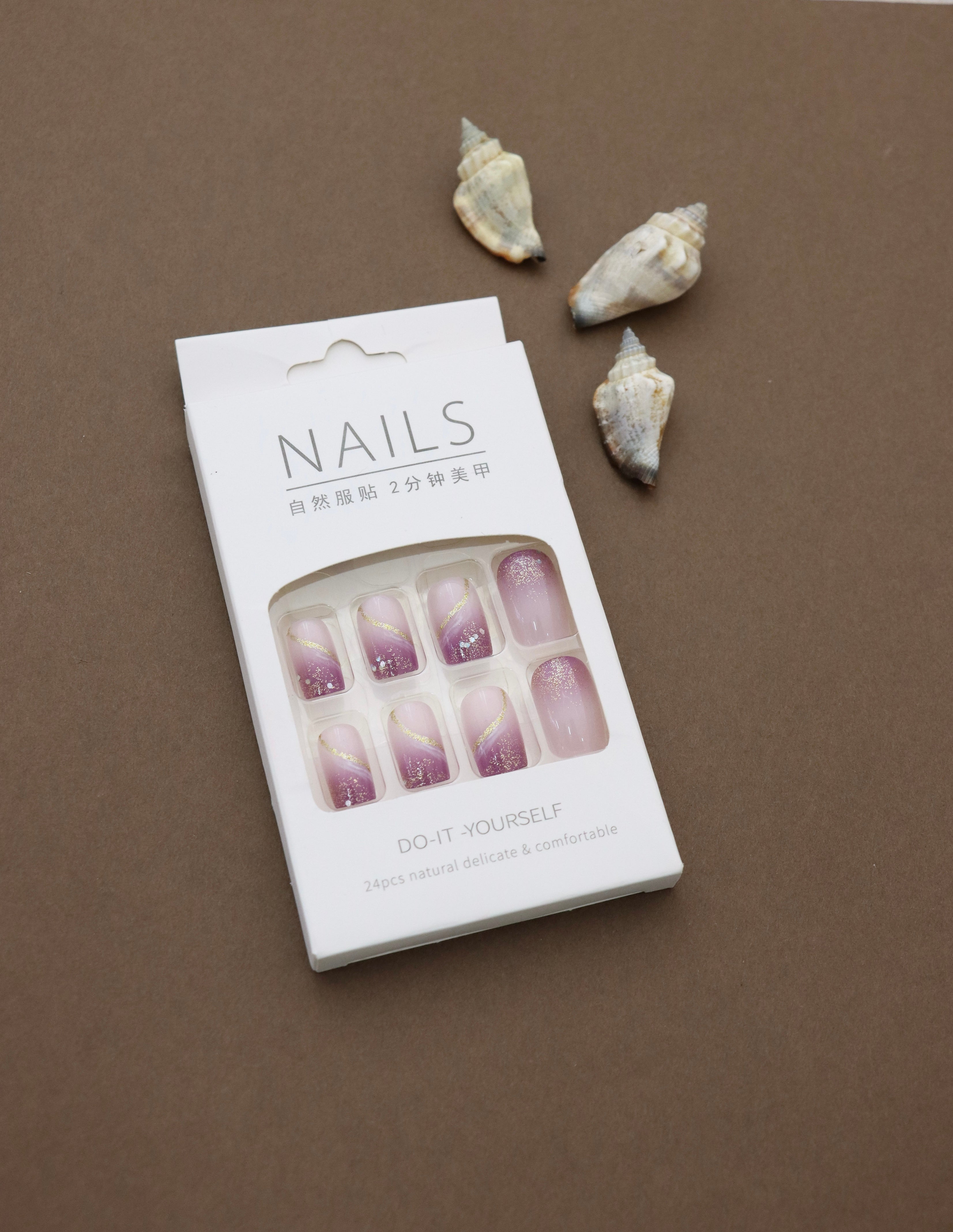 Purple Gradient Sparkle with Gold Swirls – 24pcs Press-On Nail Set for a Glamorous Look