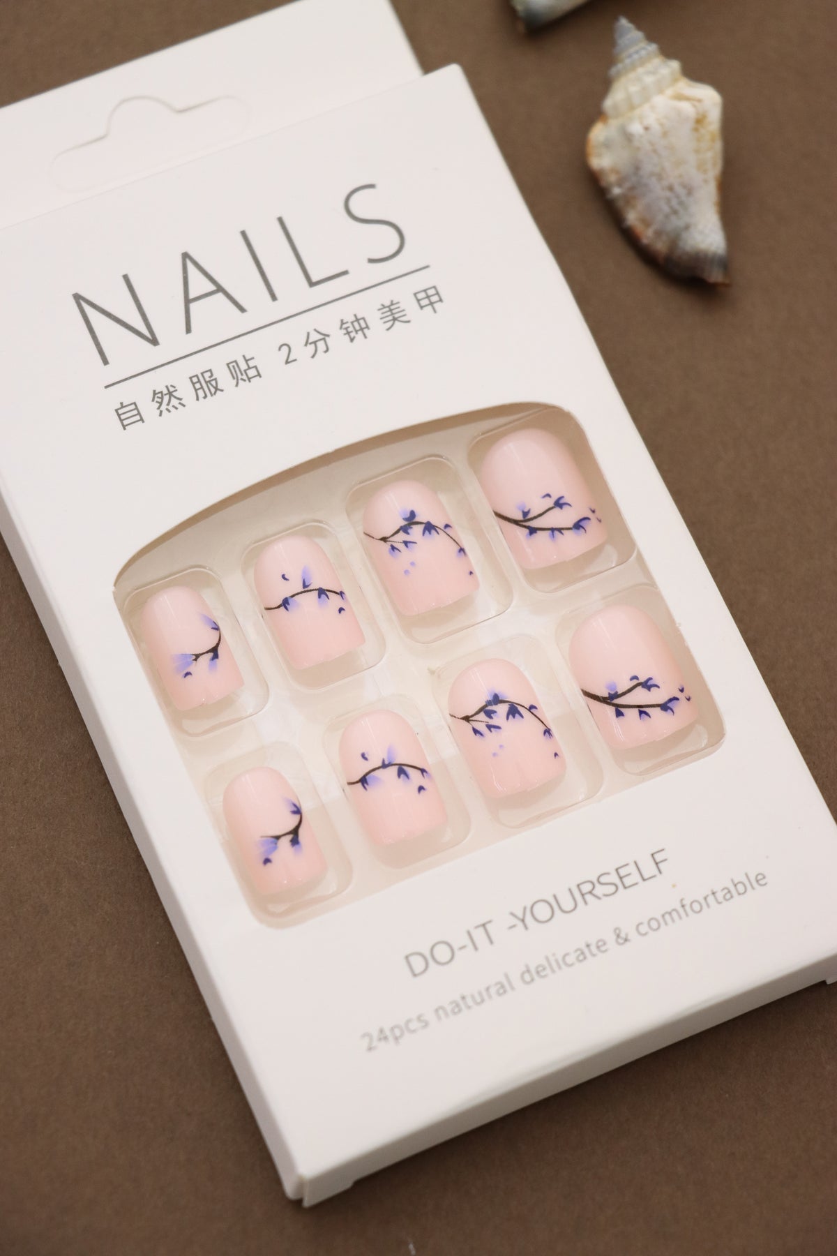Pastel Pink with Blue Floral Vine Design Press-On Nails - Elegant DIY Nail Kit (24pcs)