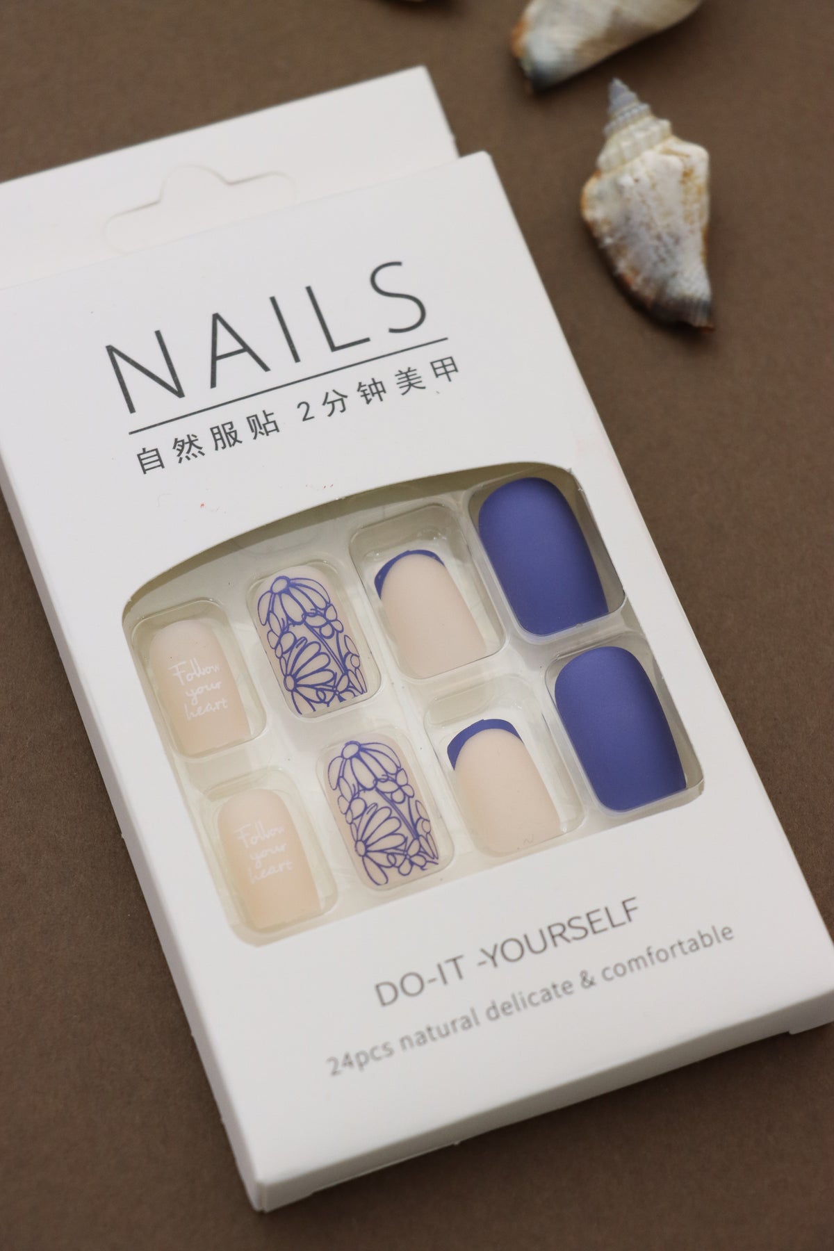Royal Blue and Nude Press-On Nails with Inspirational 'Follow Your Heart' and Floral Designs - 24pcs Elegant DIY Set