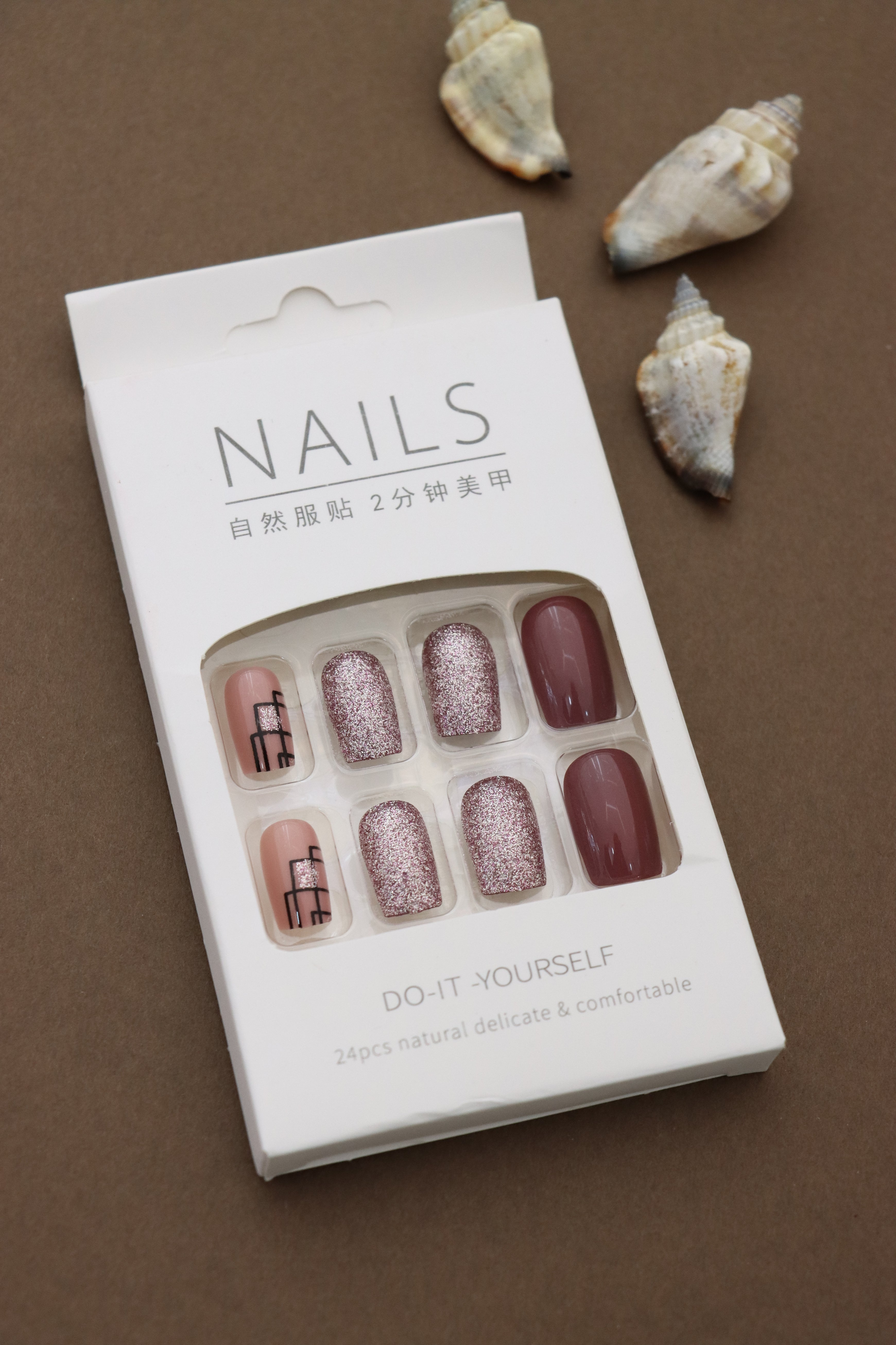 Elegant Mauve and Nude Press-On Nails with Rose Gold Glitter and Geometric Accent Design - 24pcs Set