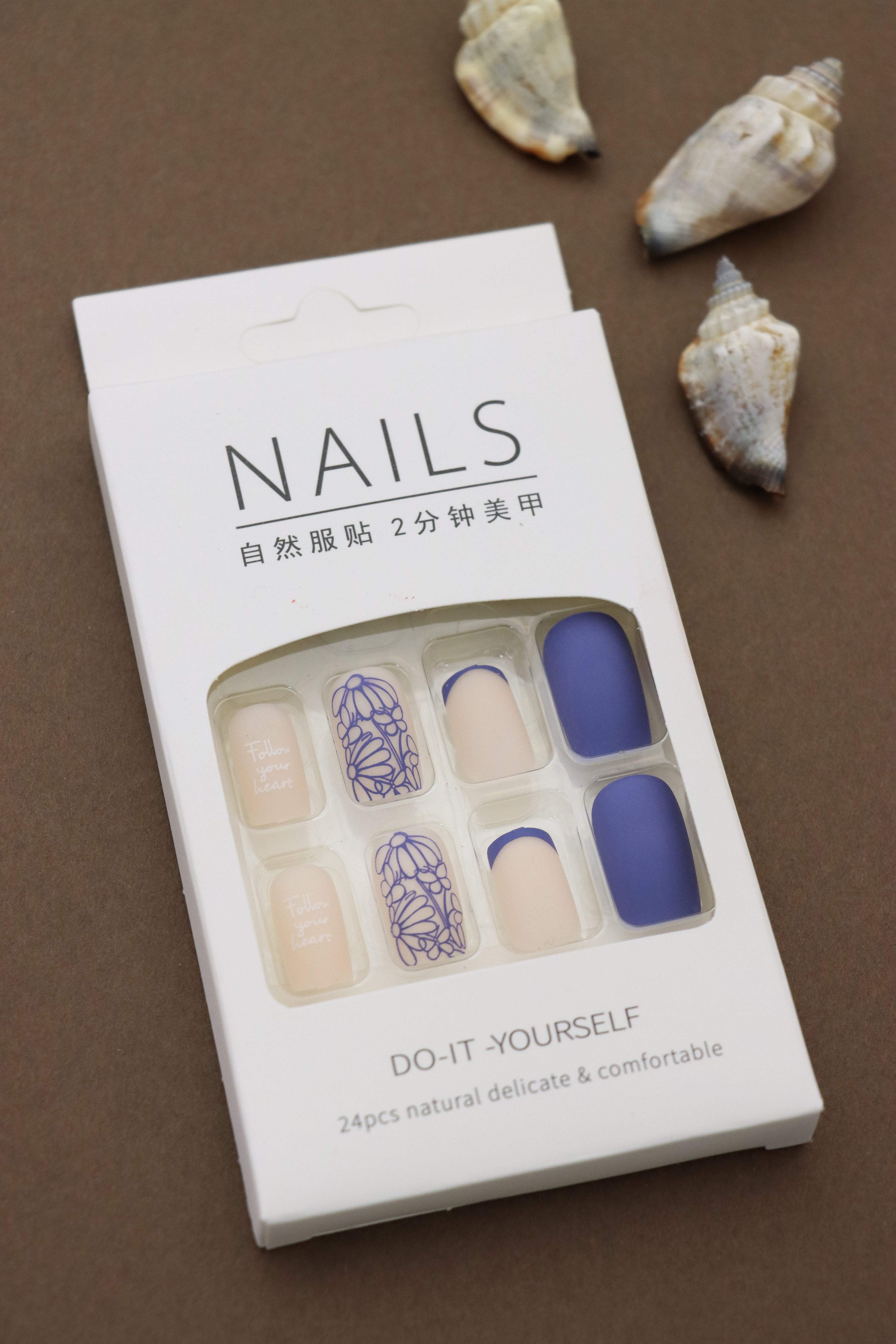 Royal Blue and Nude Press-On Nails with Inspirational 'Follow Your Heart' and Floral Designs - 24pcs Elegant DIY Set