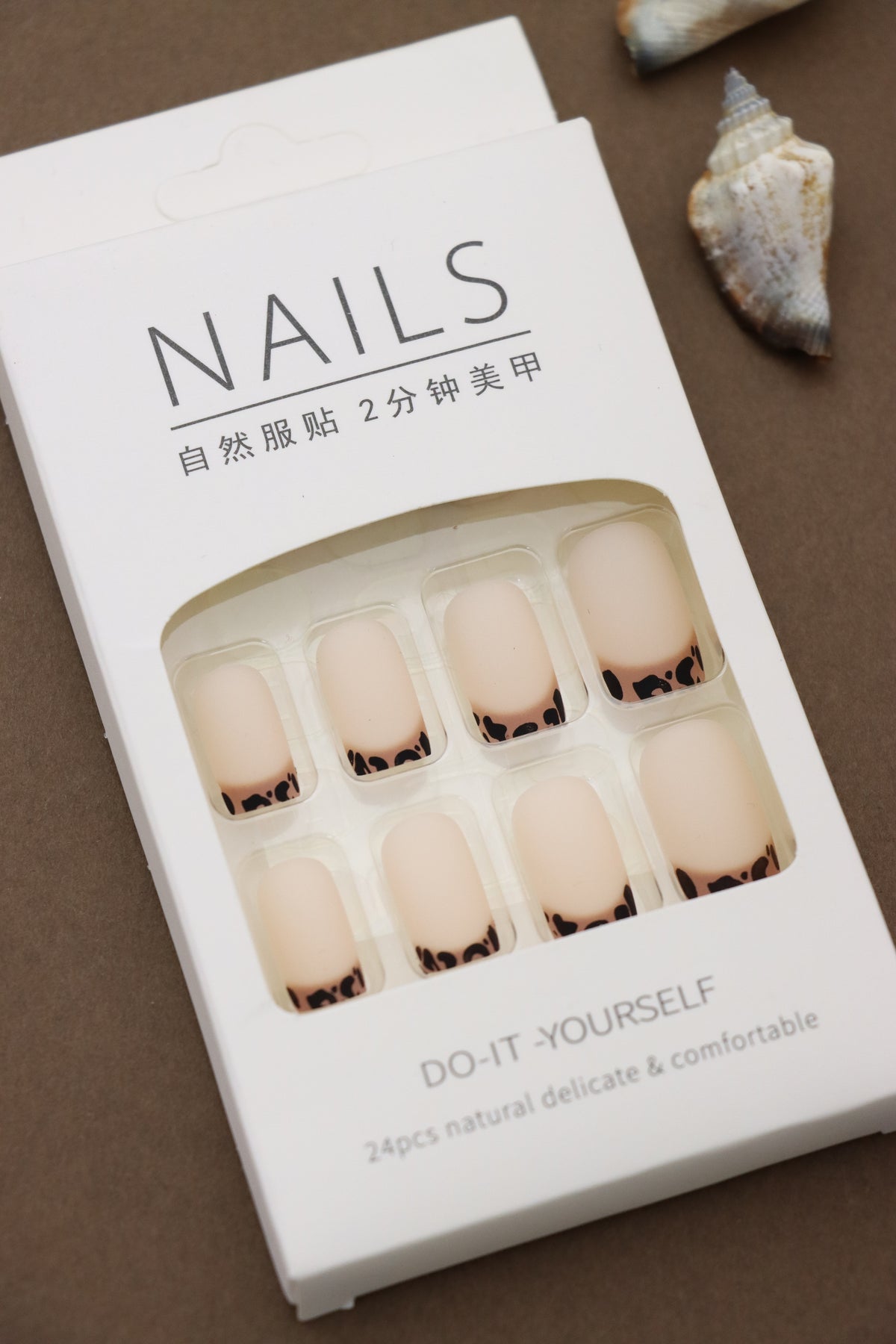 Matte Nude Press-On Nails – Black Leopard Print Tips, 24pcs DIY Nail Set