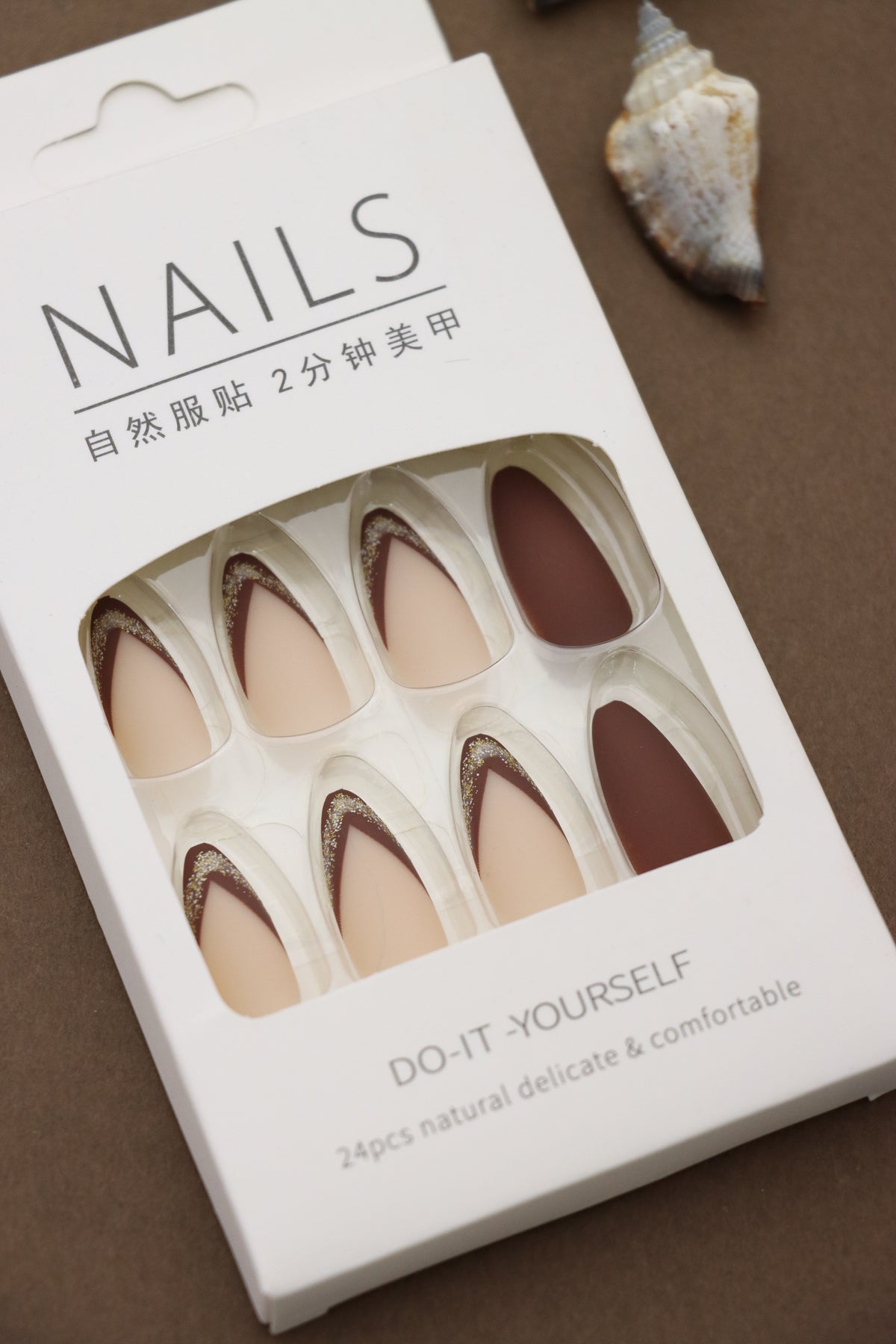 Mocha Brown & Glitter Almond Press-On Nails – Elegant DIY Set, 24pcs