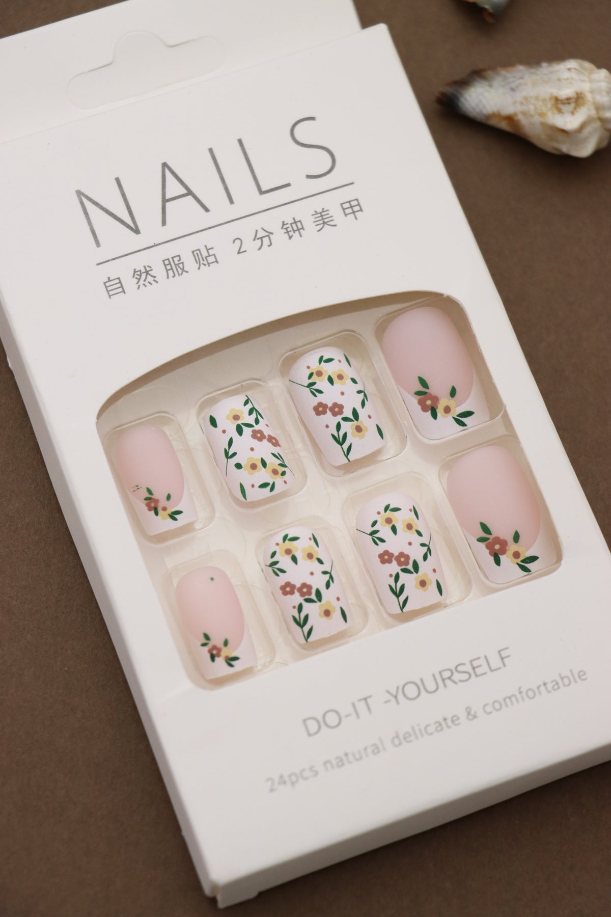 Soft Blush with Floral Garden Prints – 24pcs Press-On Nail Set for DIY Manicure