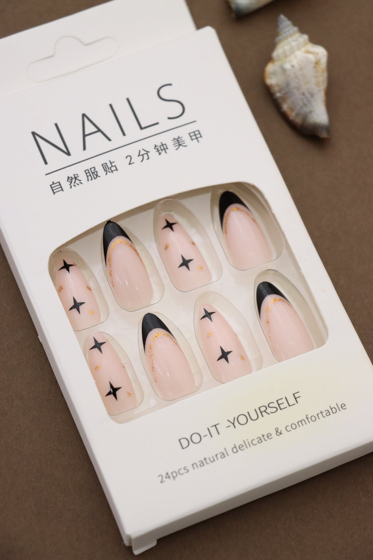 Nude Almond Press-On Nails with Black French Tips, Star Accents, and Gold Detailing - 24pcs Set