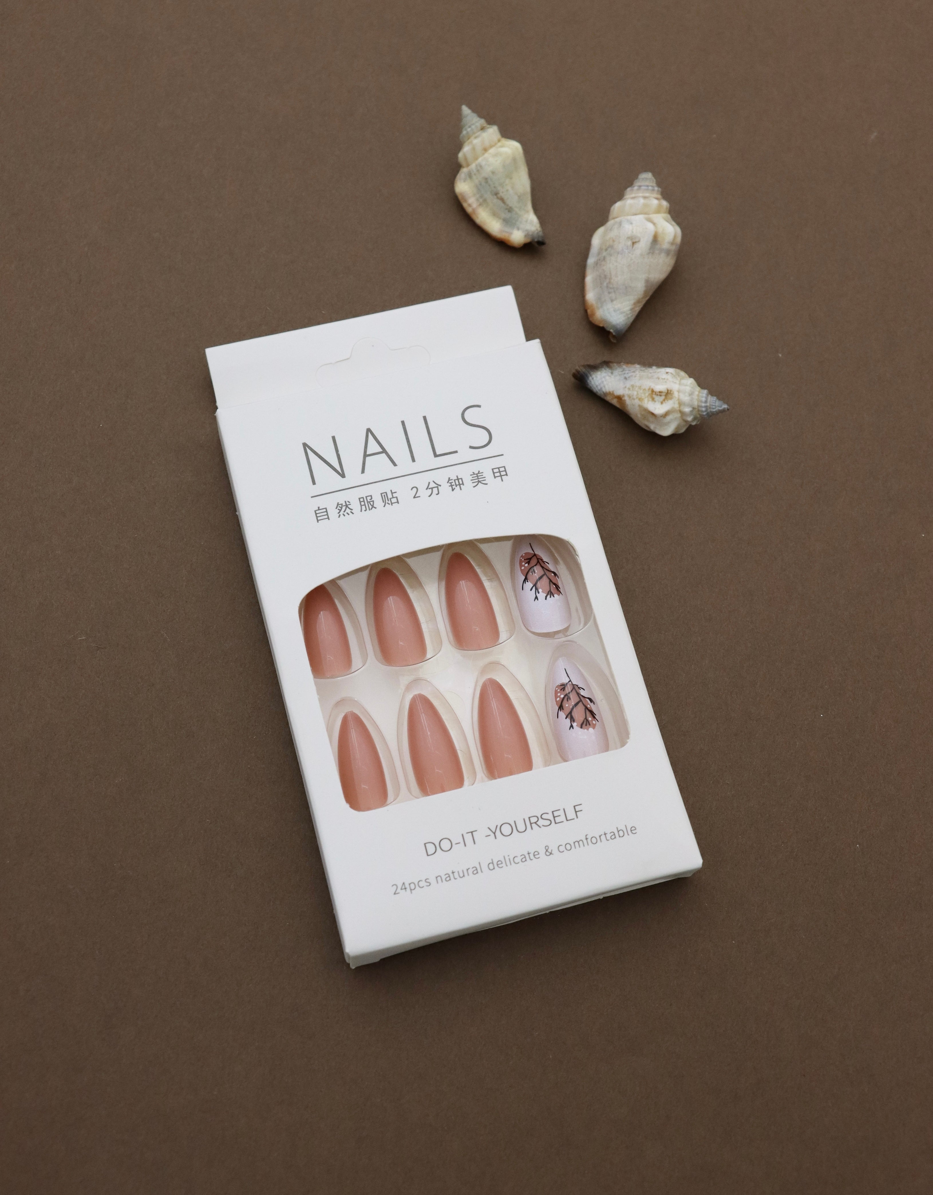 Terracotta Press-On Nails with White Botanical Accent Design – Almond Shape