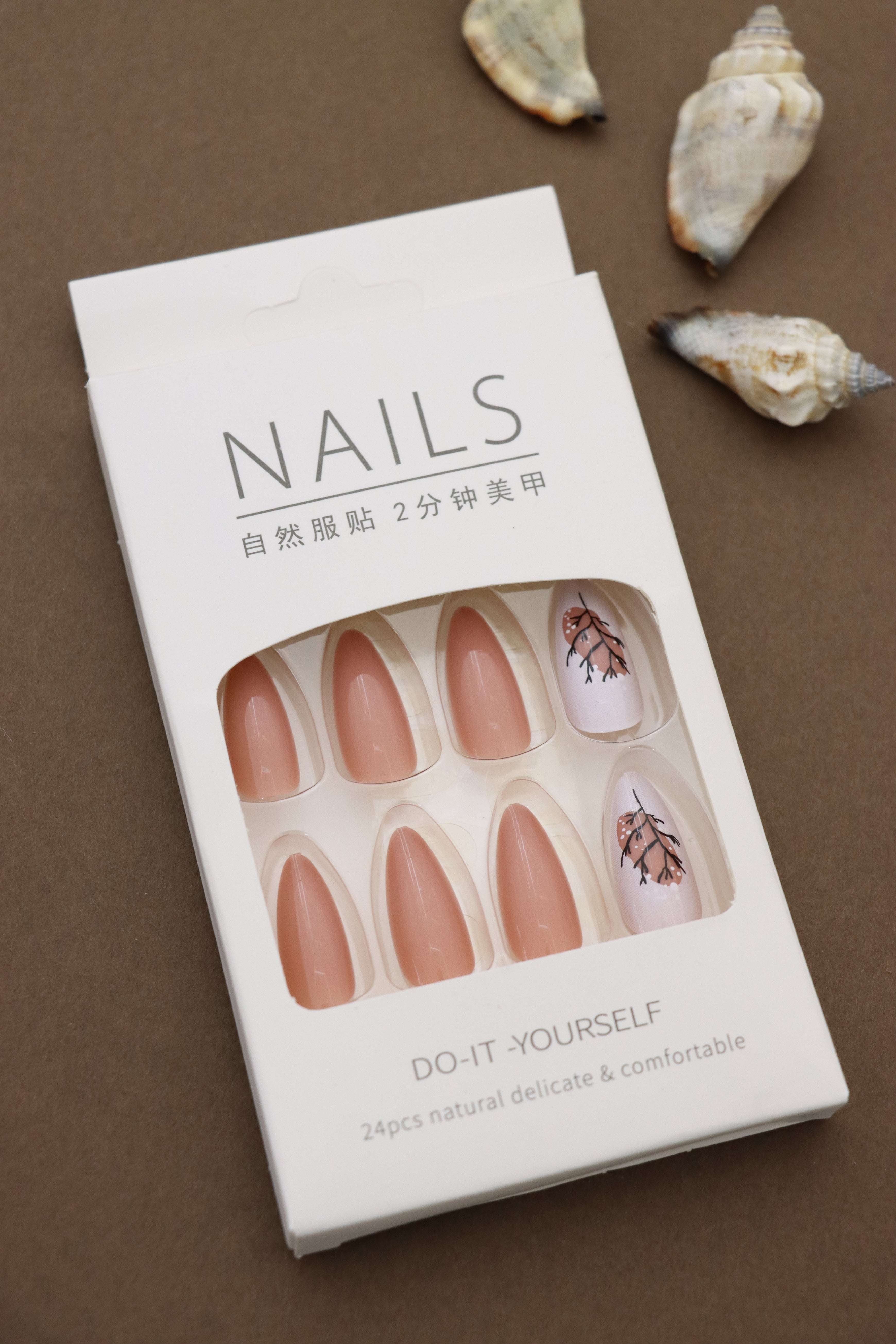 Terracotta Press-On Nails with White Botanical Accent Design – Almond Shape