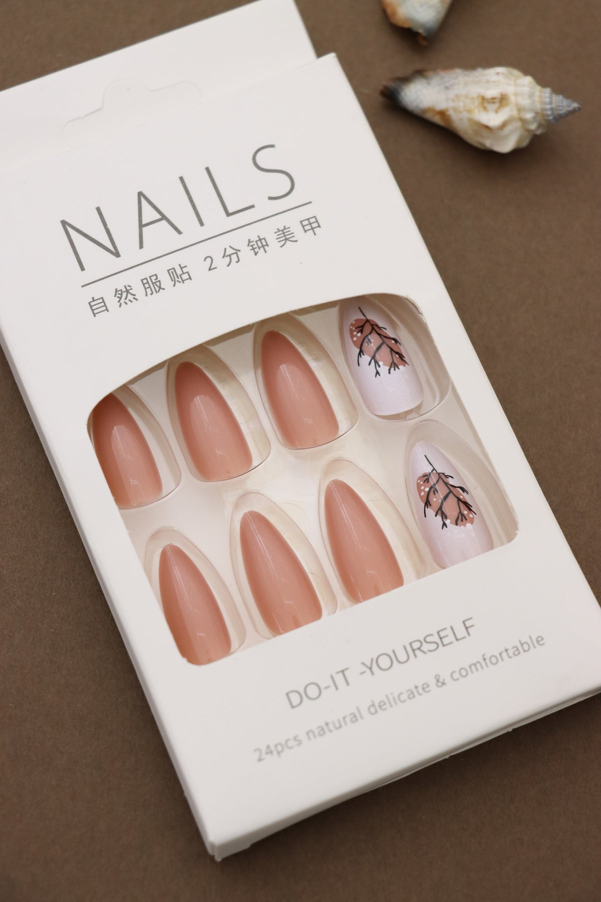 Terracotta Press-On Nails with White Botanical Accent Design – Almond Shape
