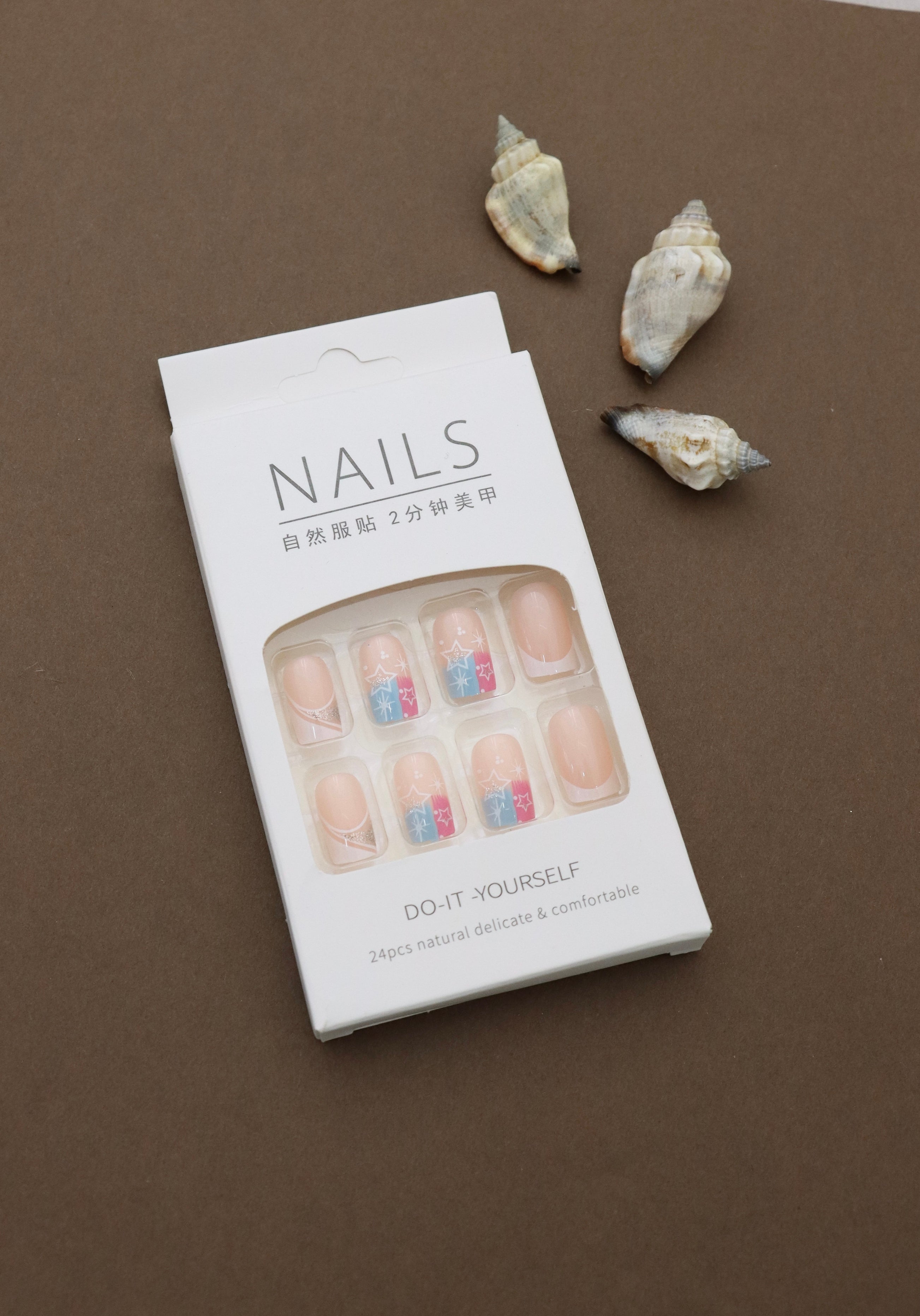 Pastel Blue and Pink Press-On Nails – Glittery Star Design with Nude Accents