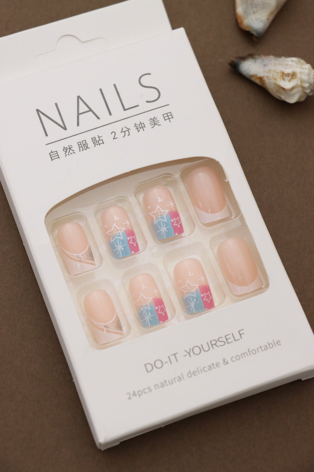 Pastel Blue and Pink Press-On Nails – Glittery Star Design with Nude Accents