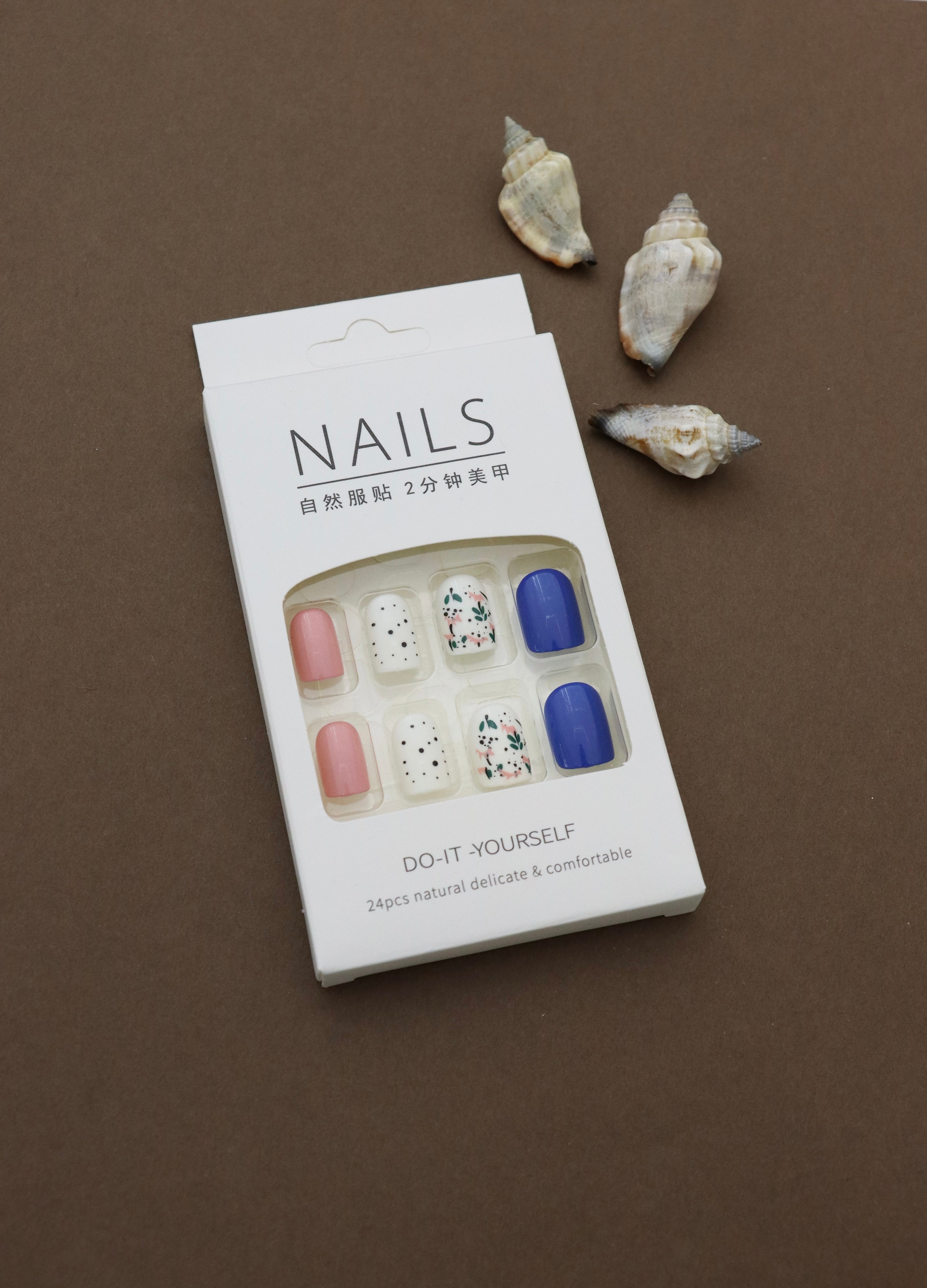 Trendy Multicolor Press-On Nails with Pink, Blue, Floral, and Polka Dot Accent Designs - 24pcs Set