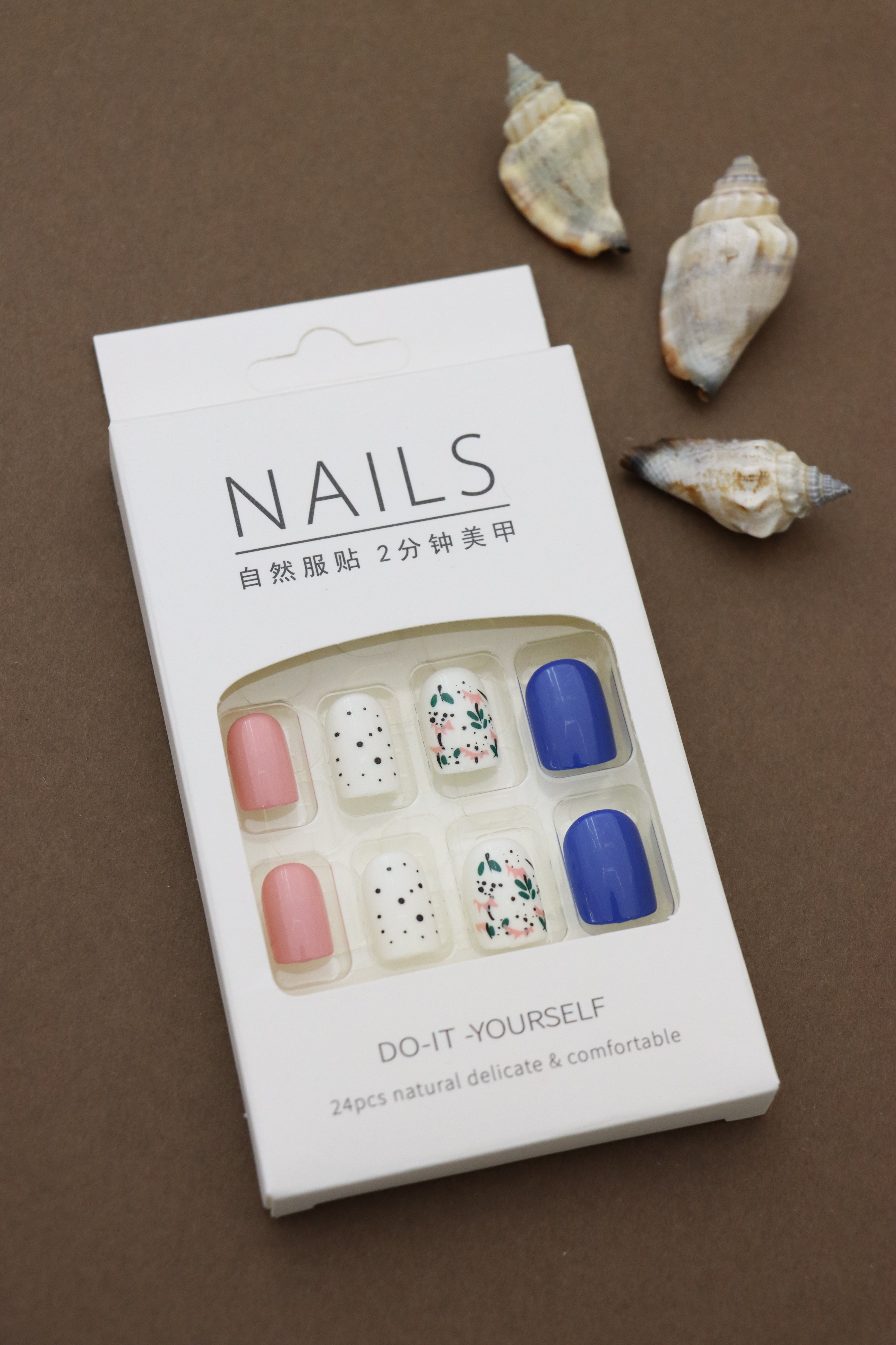 Trendy Multicolor Press-On Nails with Pink, Blue, Floral, and Polka Dot Accent Designs - 24pcs Set