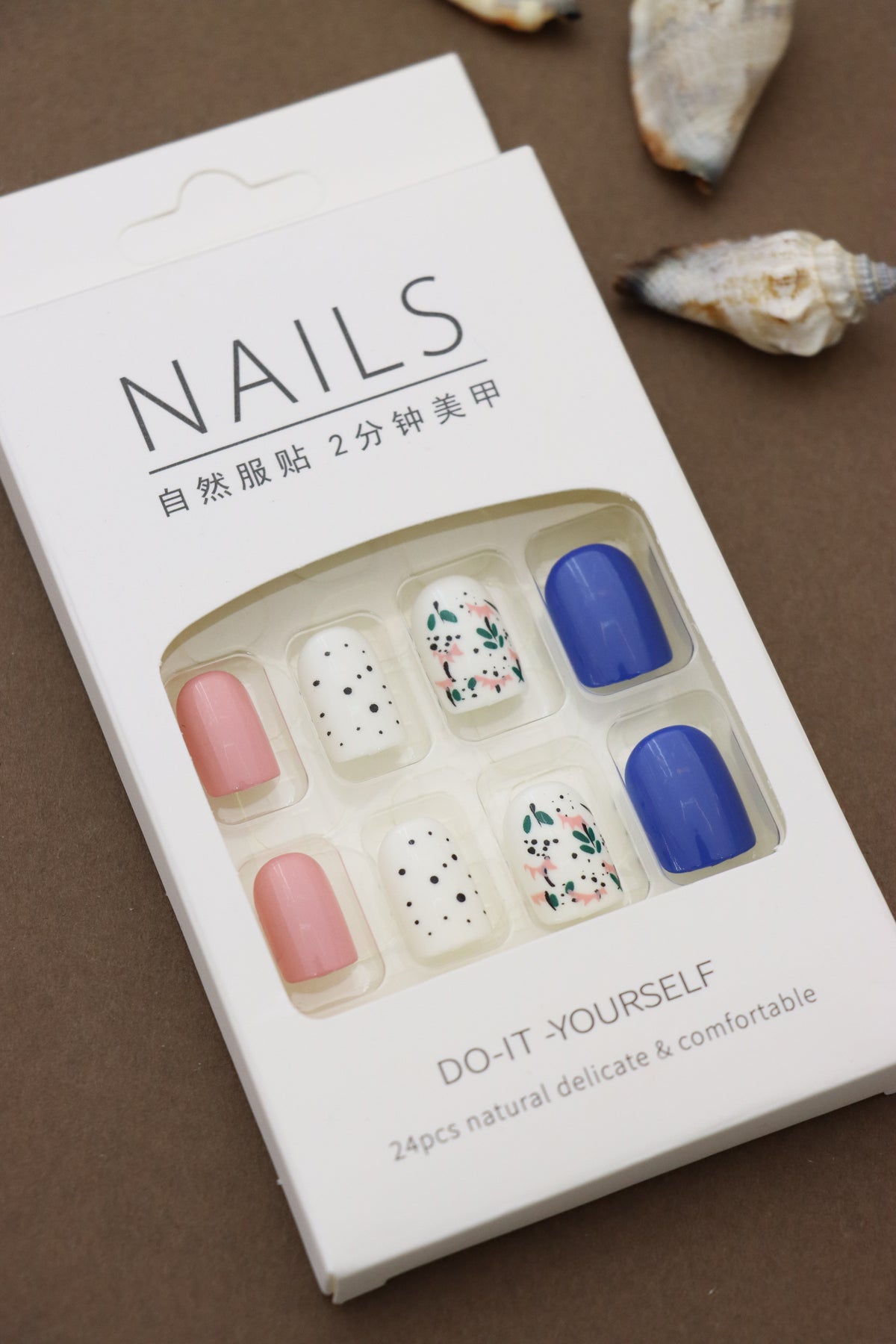 Trendy Multicolor Press-On Nails with Pink, Blue, Floral, and Polka Dot Accent Designs - 24pcs Set