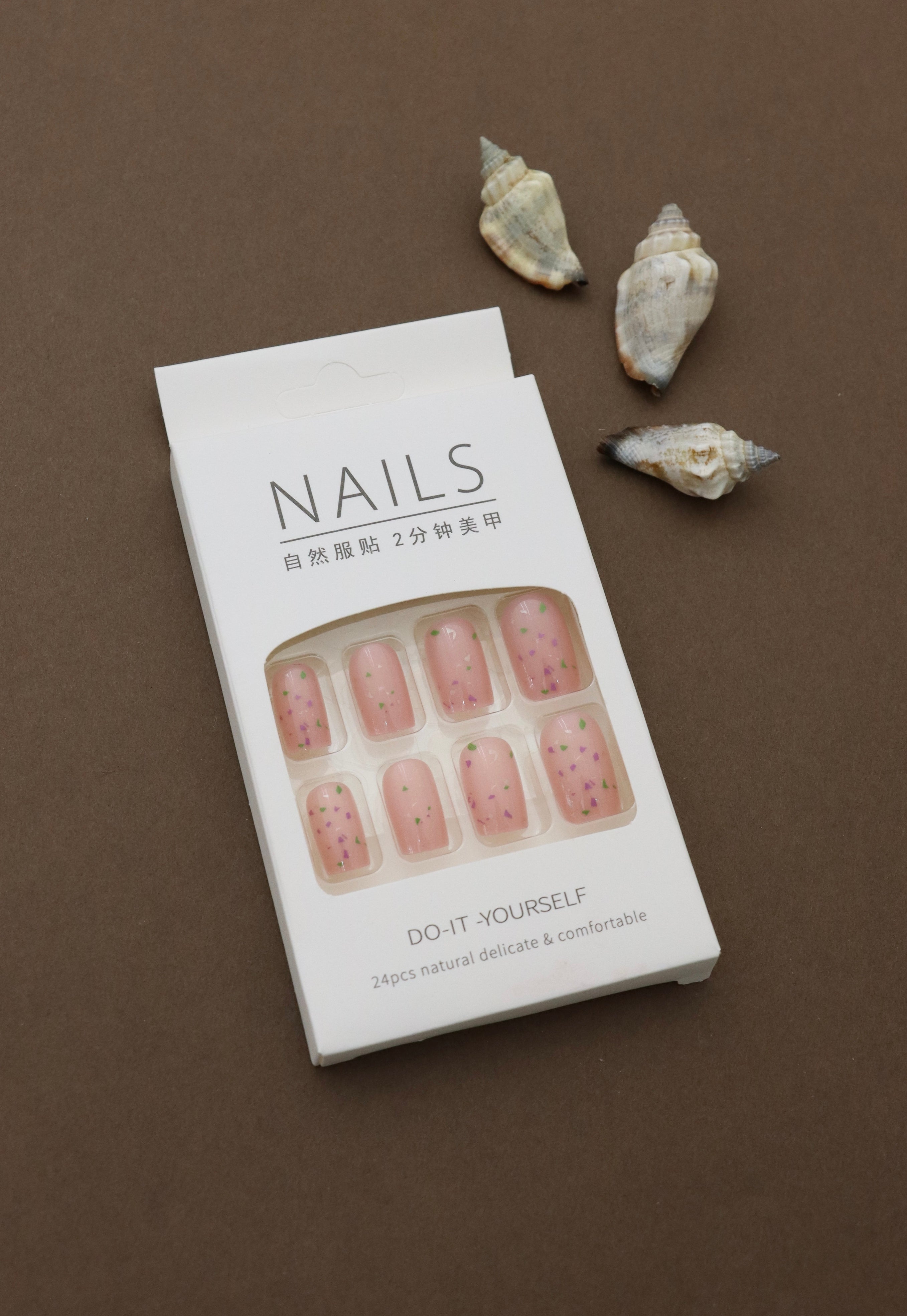 Minimalist Nude Press-On Nails with Colorful Confetti Accent Design - 24pcs Set
