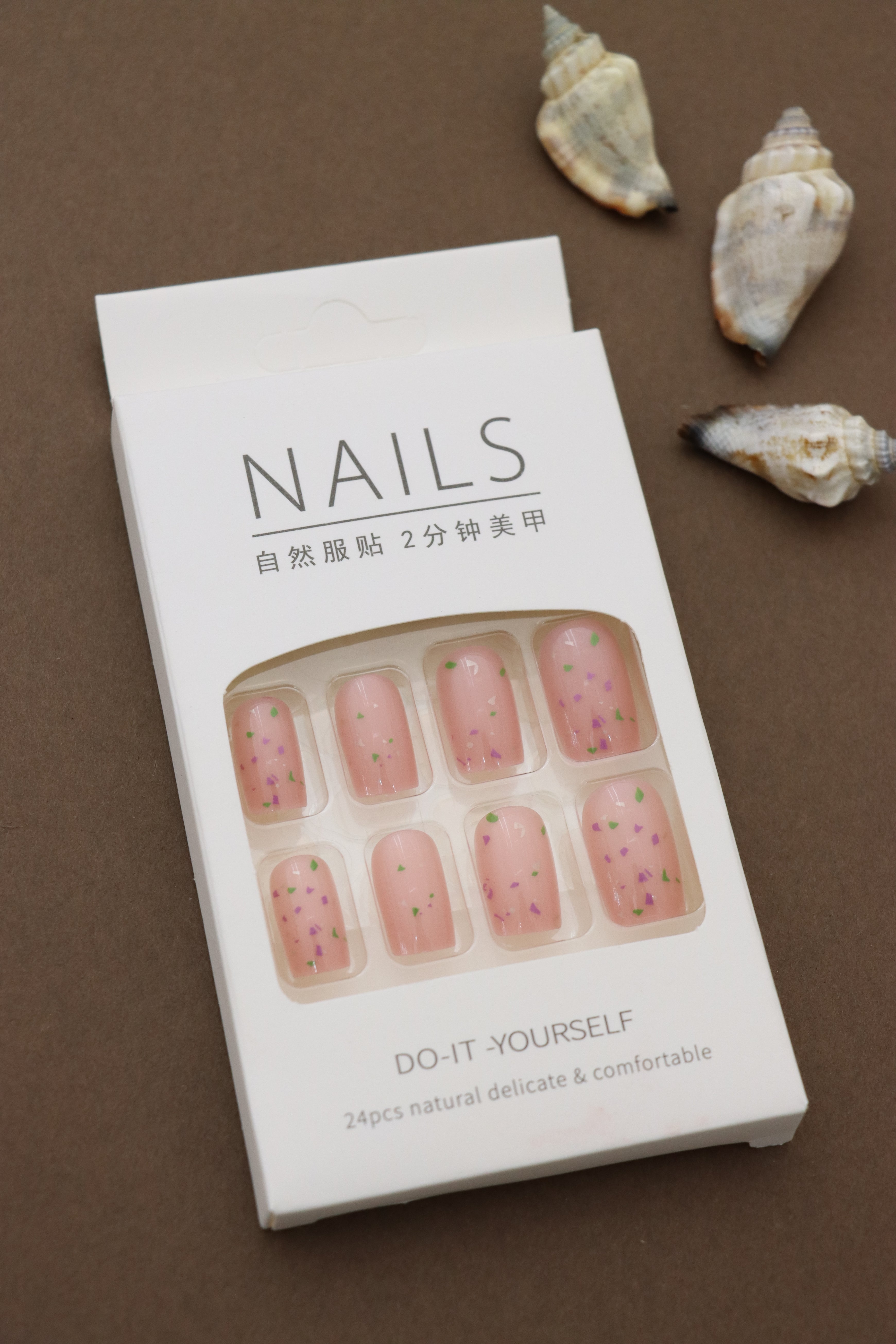Minimalist Nude Press-On Nails with Colorful Confetti Accent Design - 24pcs Set