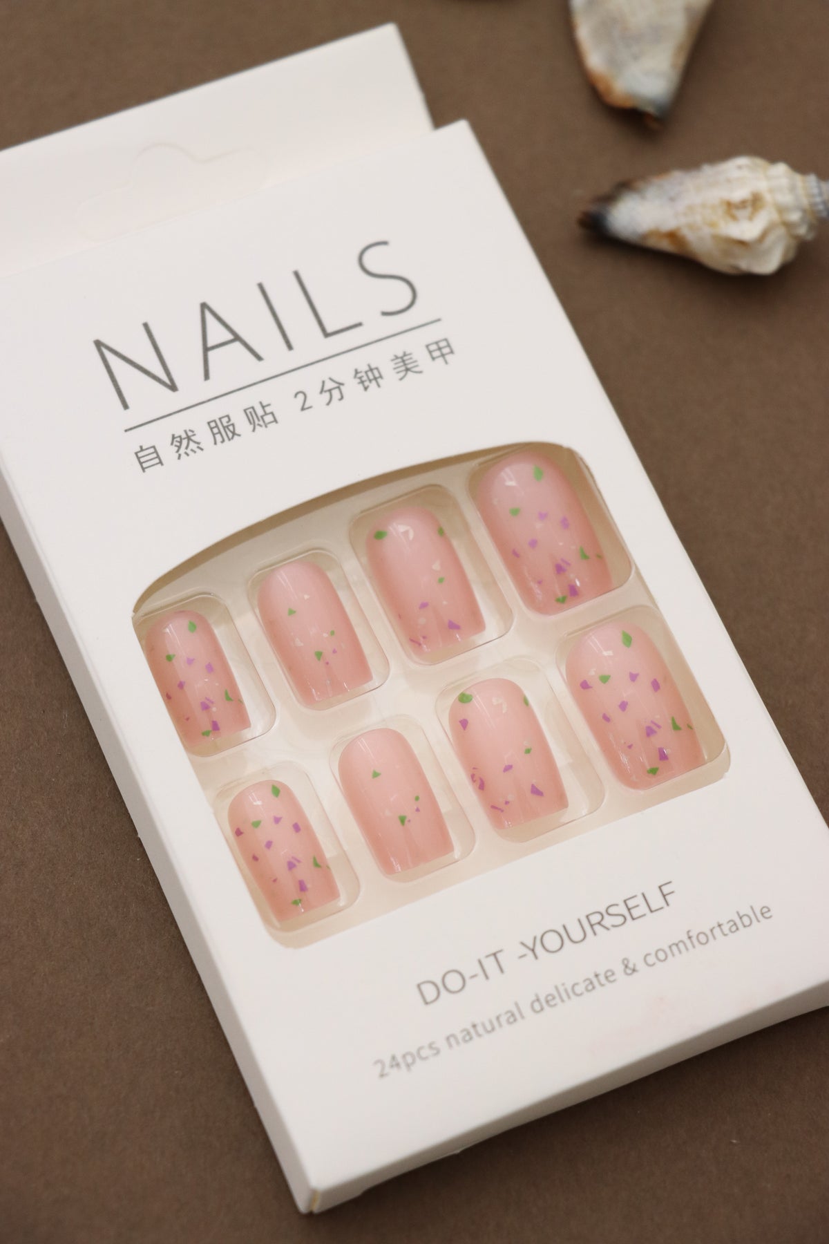 Minimalist Nude Press-On Nails with Colorful Confetti Accent Design - 24pcs Set