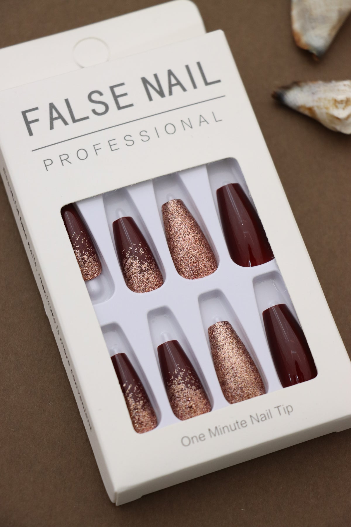 Professional Burgundy Press-On Nails with Glittery Rose Gold Accent Design - 24pcs Set