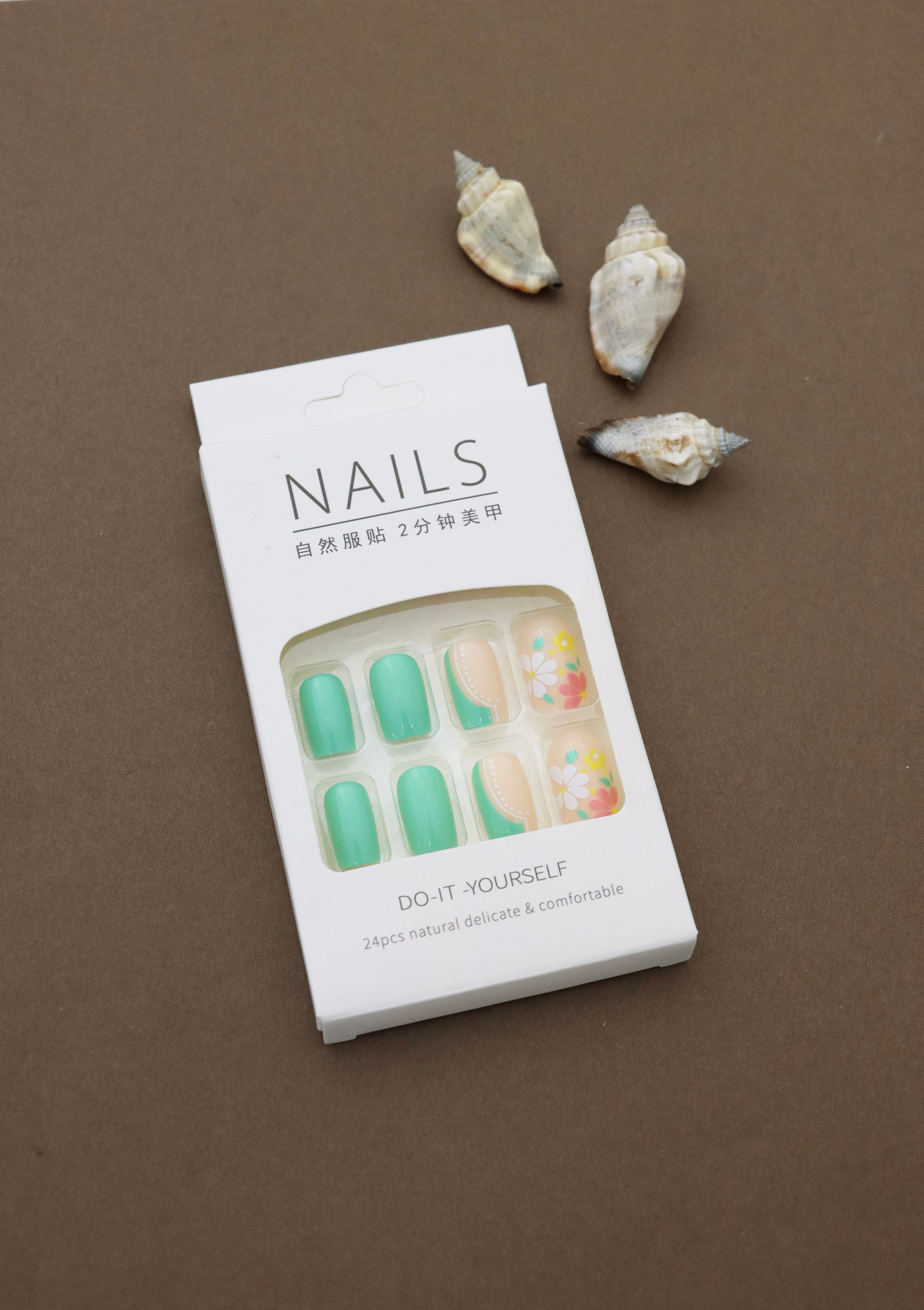 Mint Green & Floral Accent Press-On Nails – 24pcs DIY Set