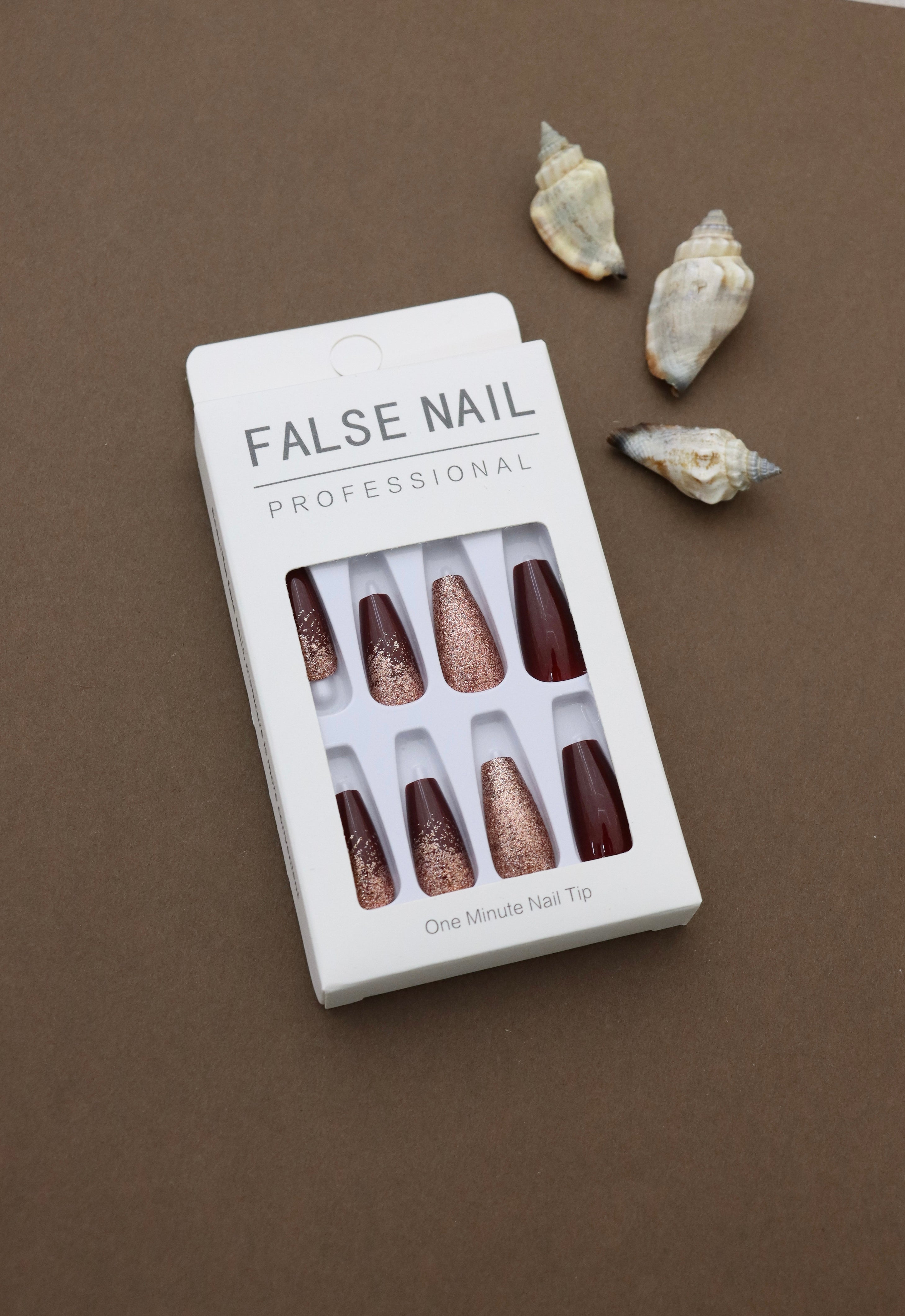 Professional Burgundy Press-On Nails with Glittery Rose Gold Accent Design - 24pcs Set